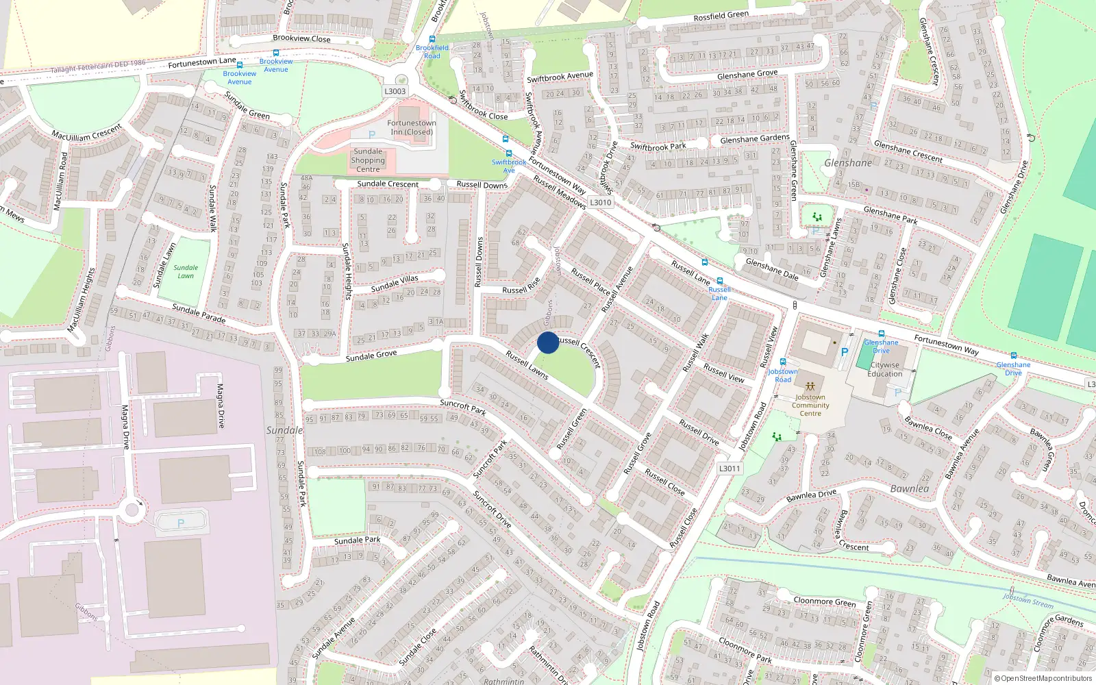 Overhead map showing the location of 17 Russell Crescent, Tallaght