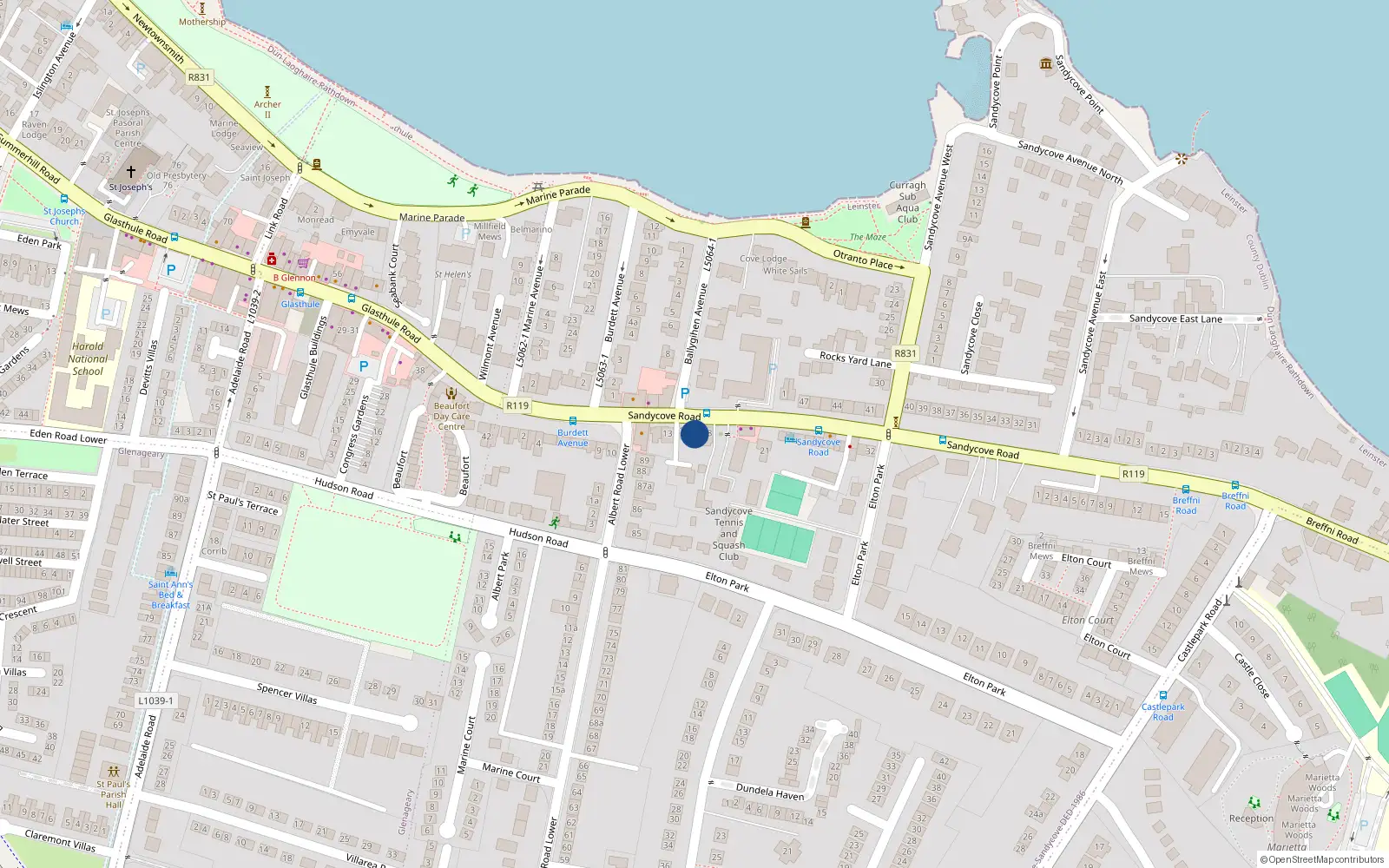 Overhead map showing the location of 17 Sandycove Road, Sandycove, Dublin