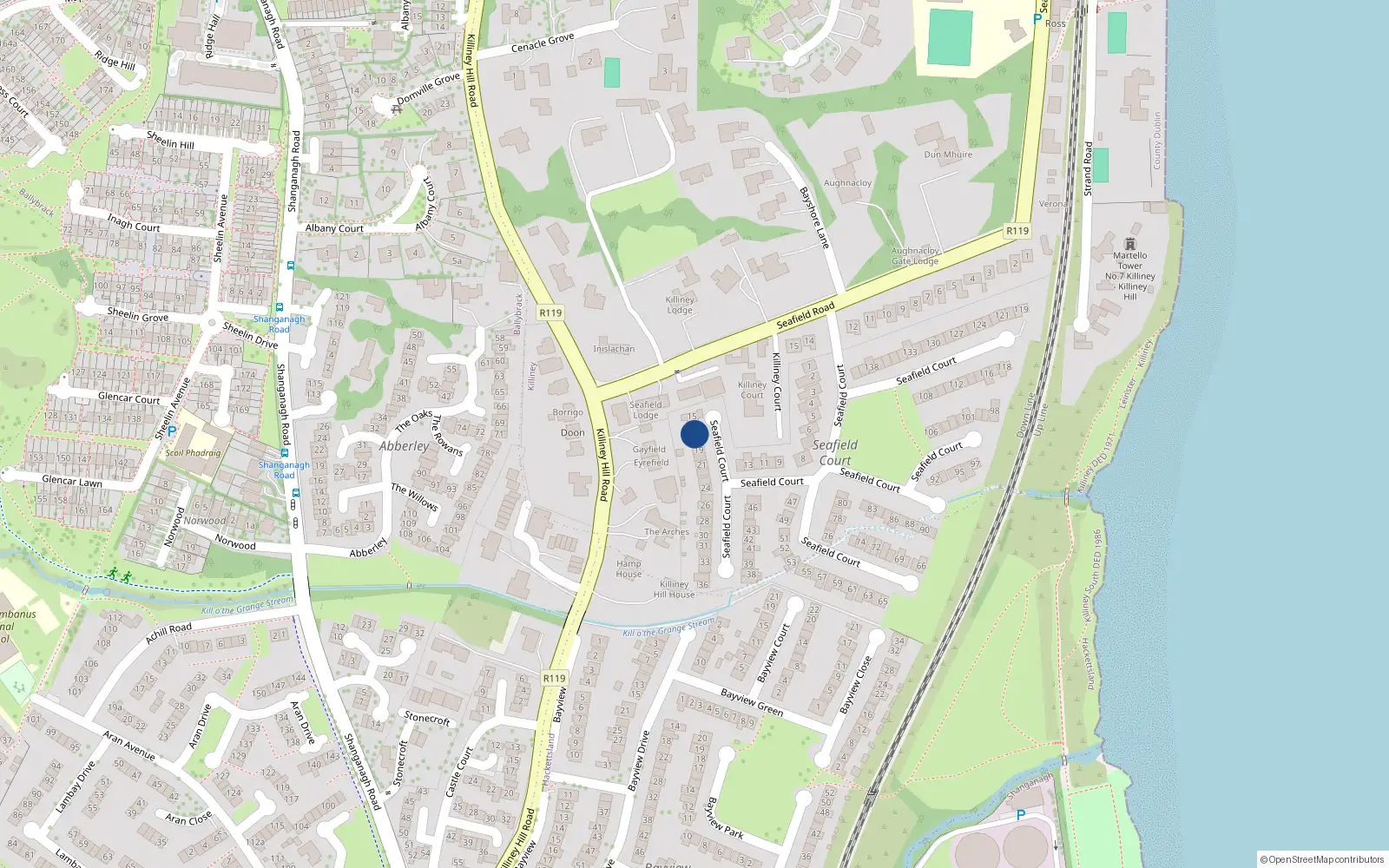 Overhead map showing the location of 17 Seafield Court, Killiney