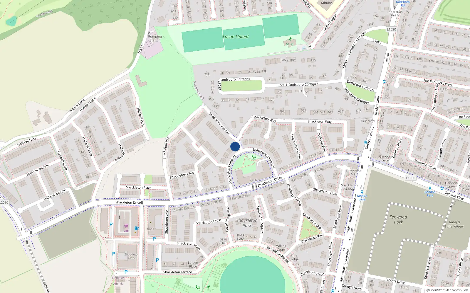 Overhead map showing the location of 17 Shackleton Crescent, Lucan