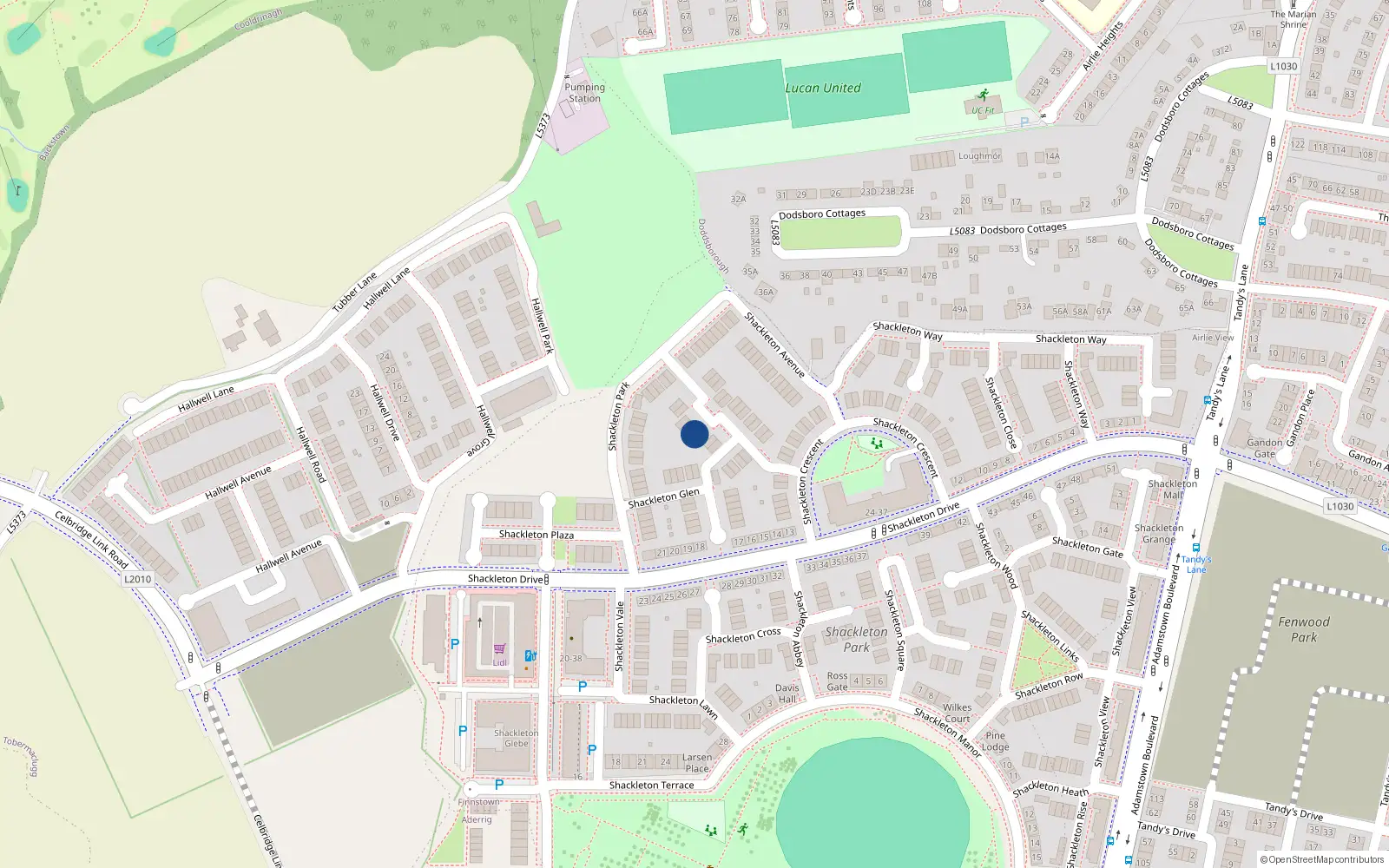 Overhead map showing the location of 17 Shackleton Grove, Lucan