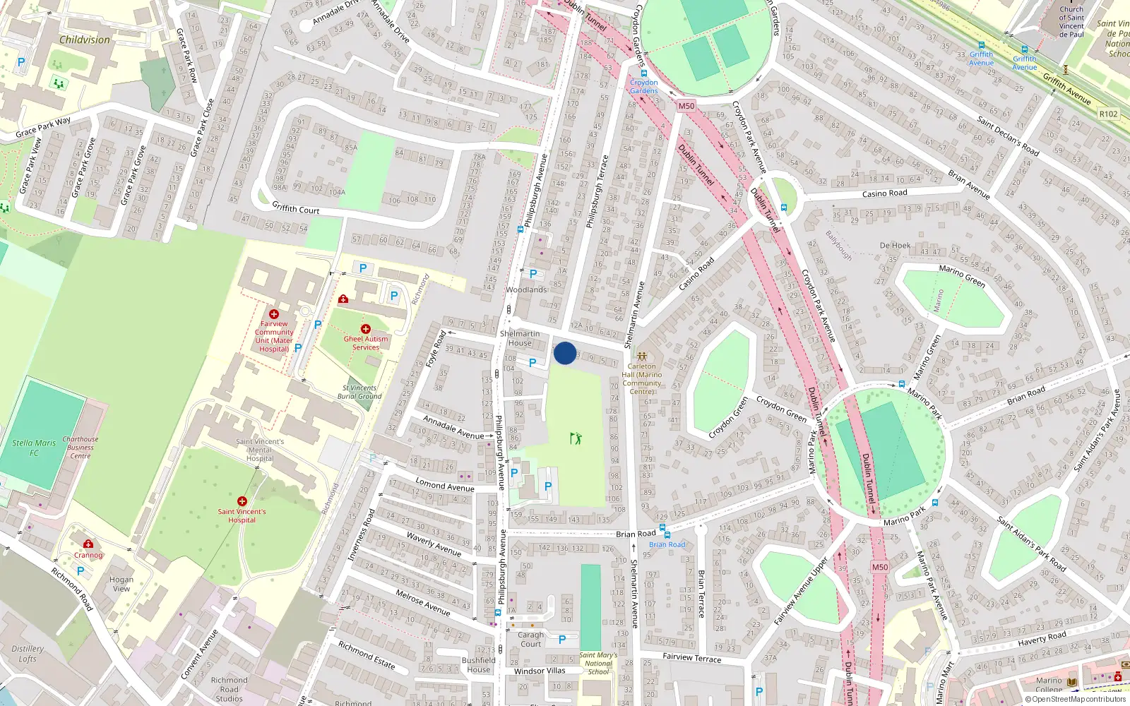 Overhead map showing the location of 17 Shelmartin Terrace, Dublin 3