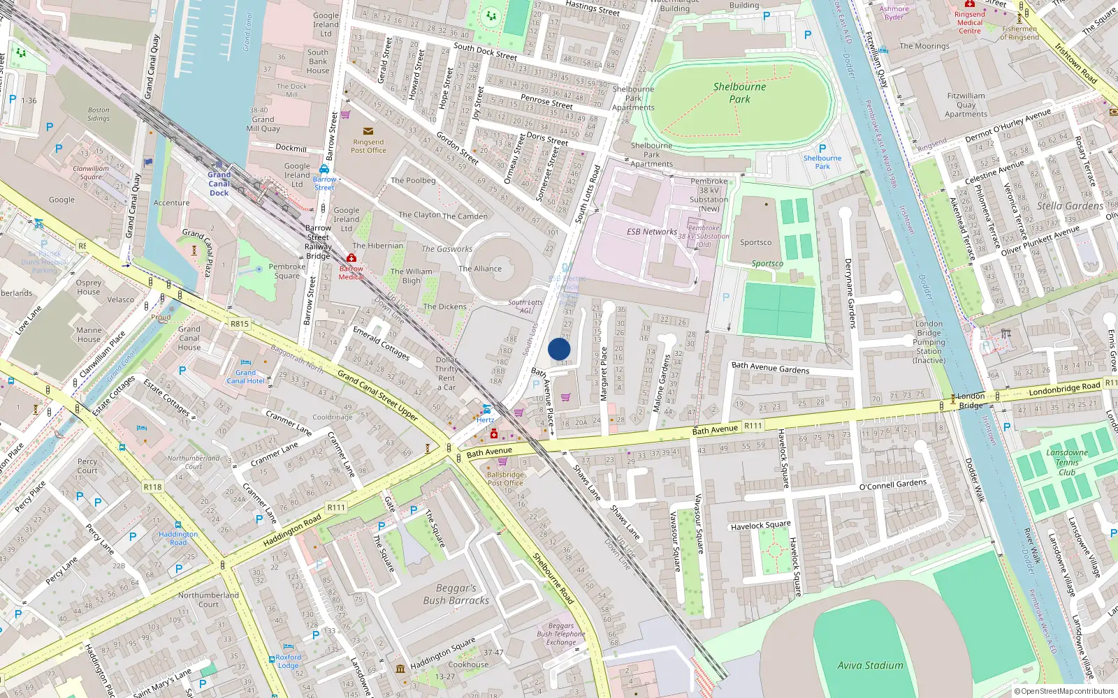 Overhead map showing the location of 17 South Lotts Road, Dublin 4