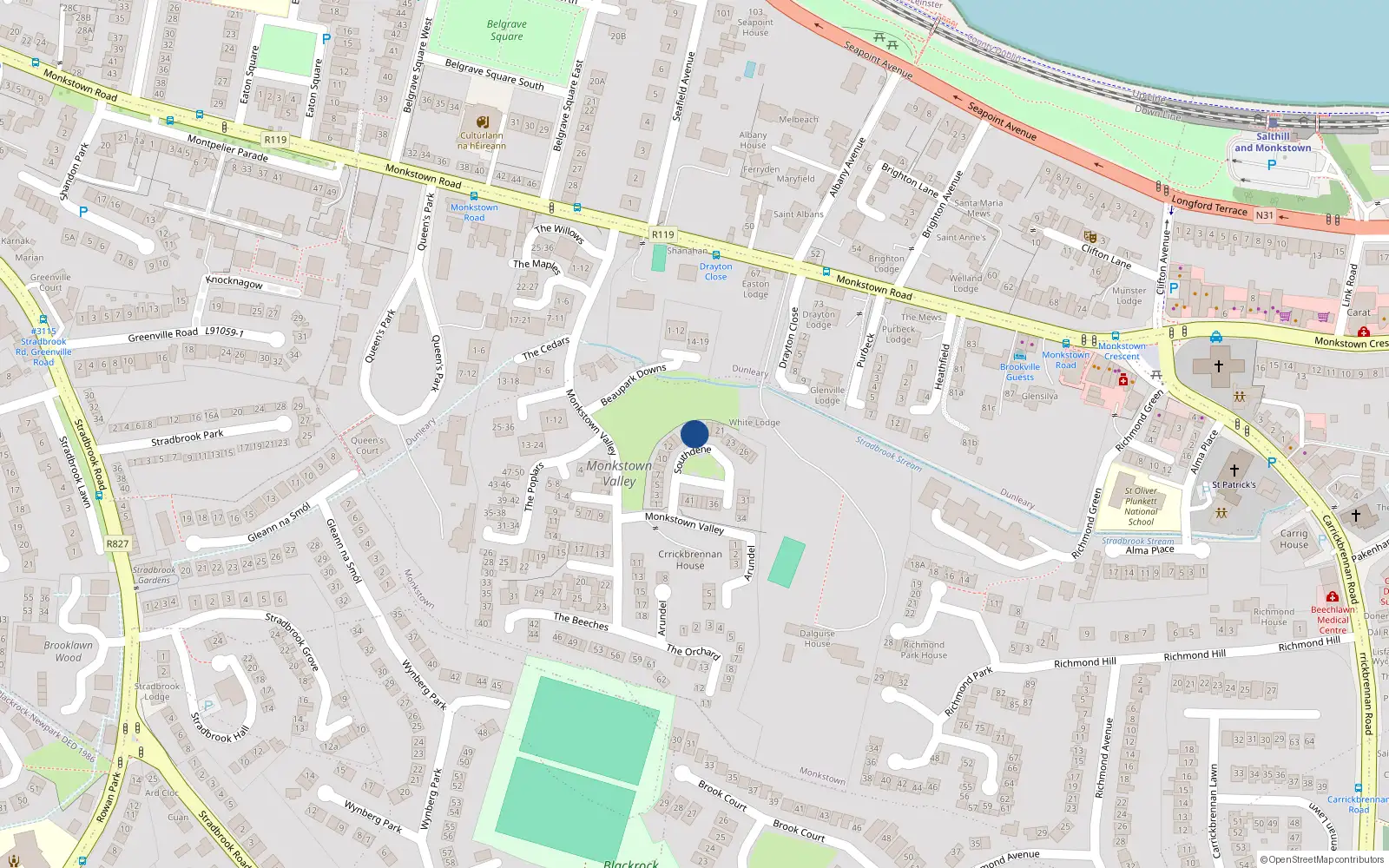 Overhead map showing the location of 17 Southdene, Monkstown
