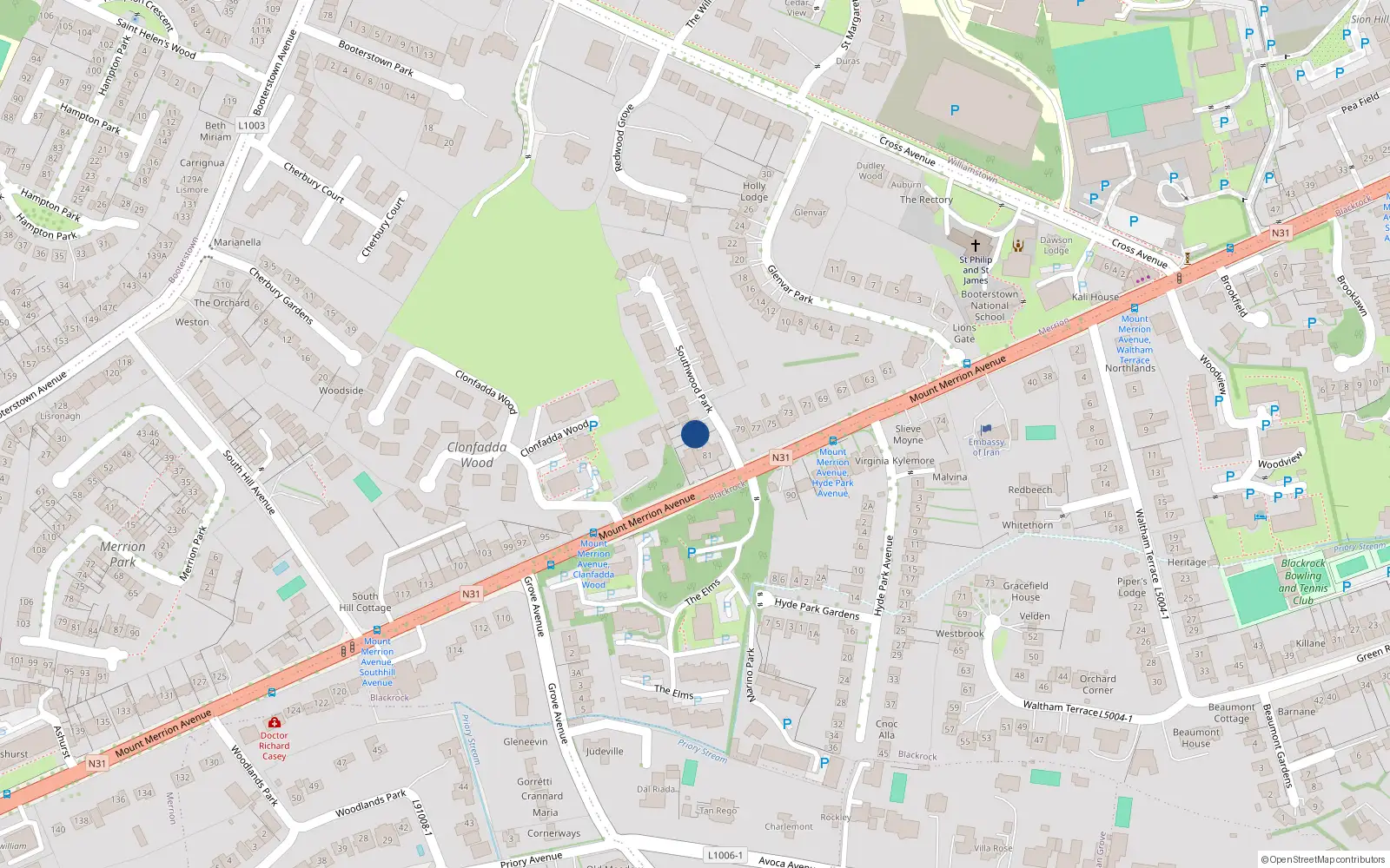 Overhead map showing the location of 17 Southwood Park, Mount Merrion, Blackrock