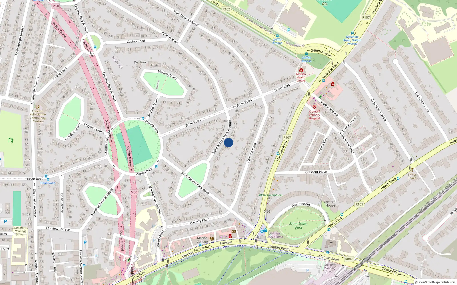 Overhead map showing the location of 17 St Aidans Park Avenue, Marino, Dublin 3