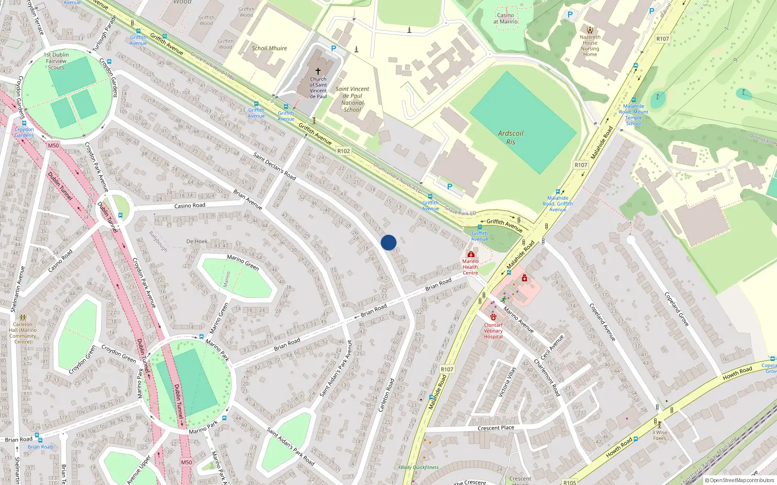Overhead map showing the location of 17 St Declan Road, Marino, Dublin 3