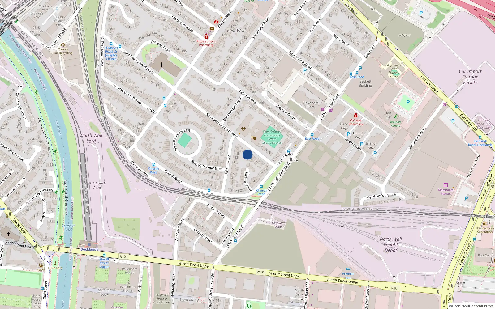 Overhead map showing the location of 17 St Marys Road, East Wall, Dublin 3