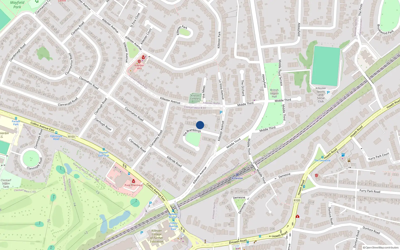 Overhead map showing the location of 17 the Bramblings, Killester, Dublin 5