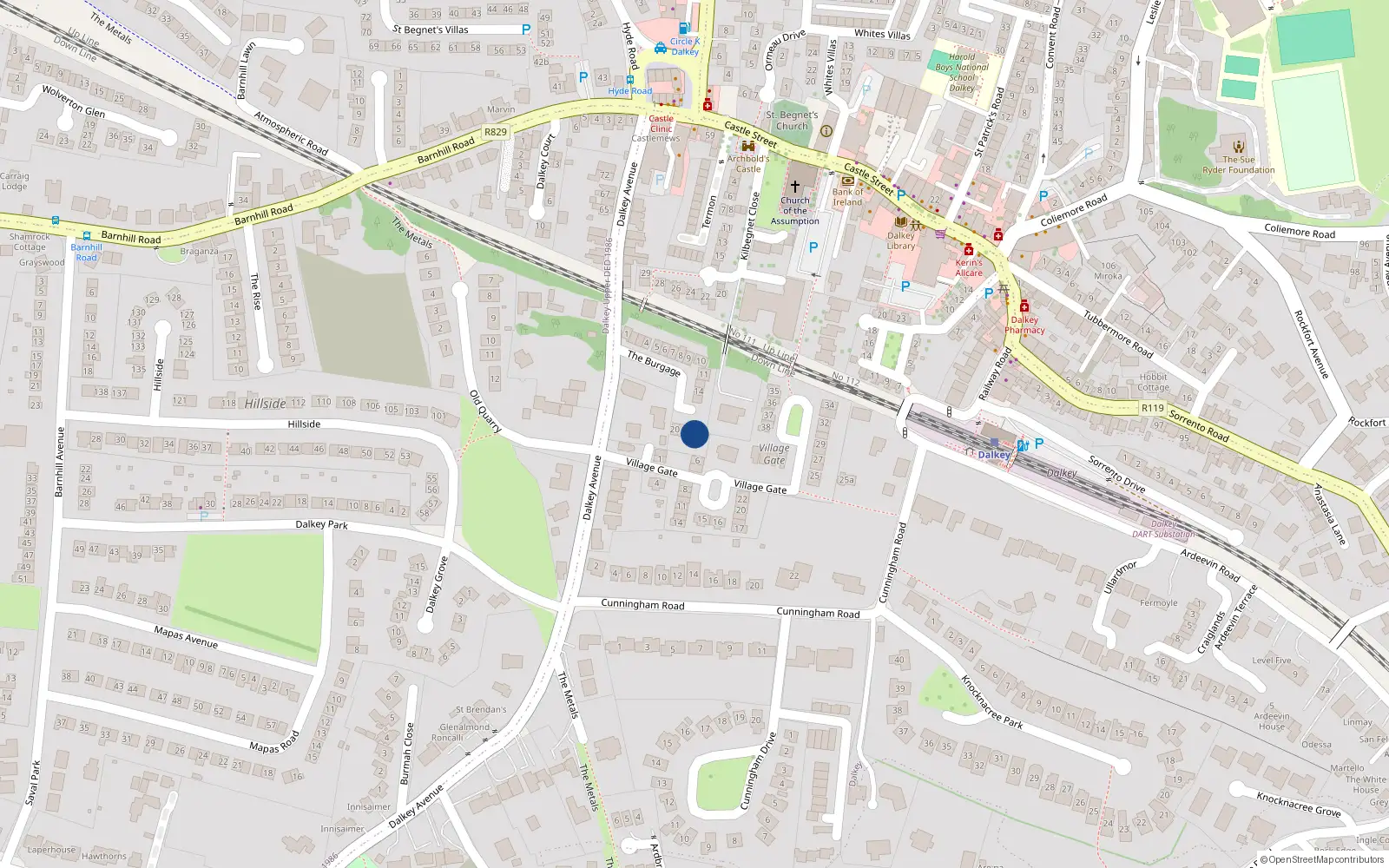 Overhead map showing the location of 17 The Burgage, Dalkey