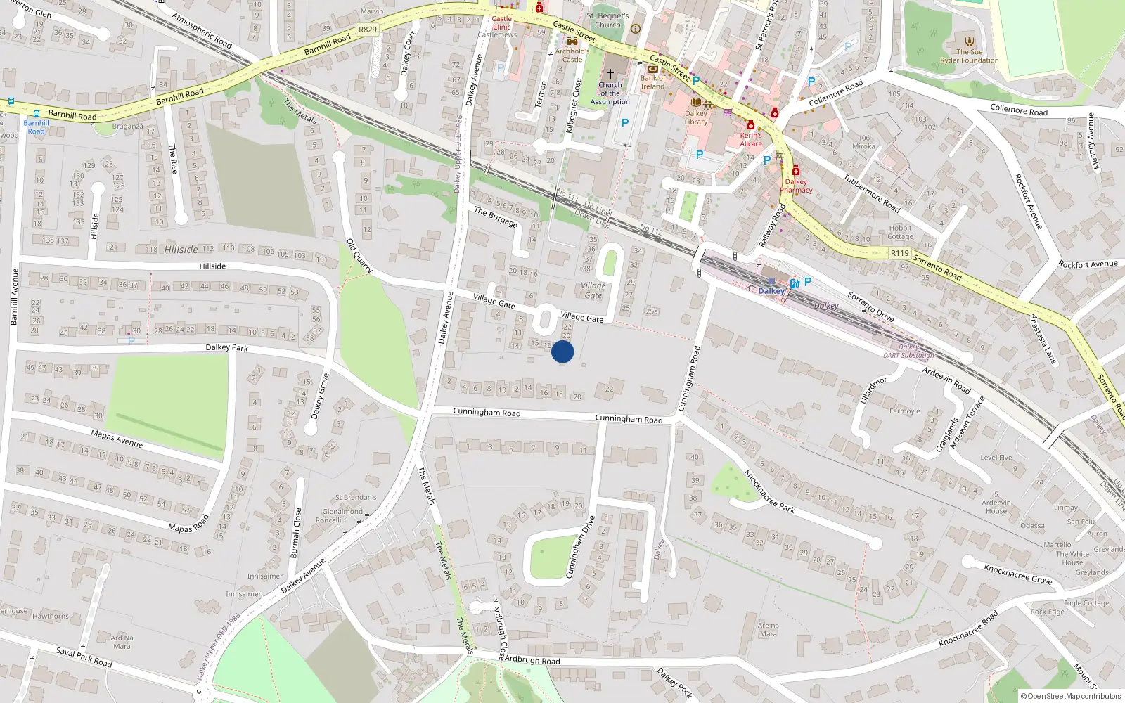 Overhead map showing the location of 17 Village Gate, Dalkey