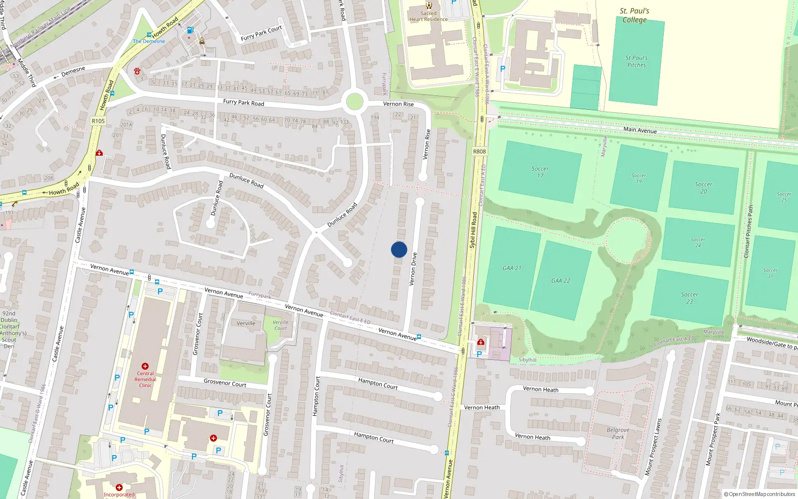 Overhead map showing the location of 17 Vernon Drive, Dublin 3