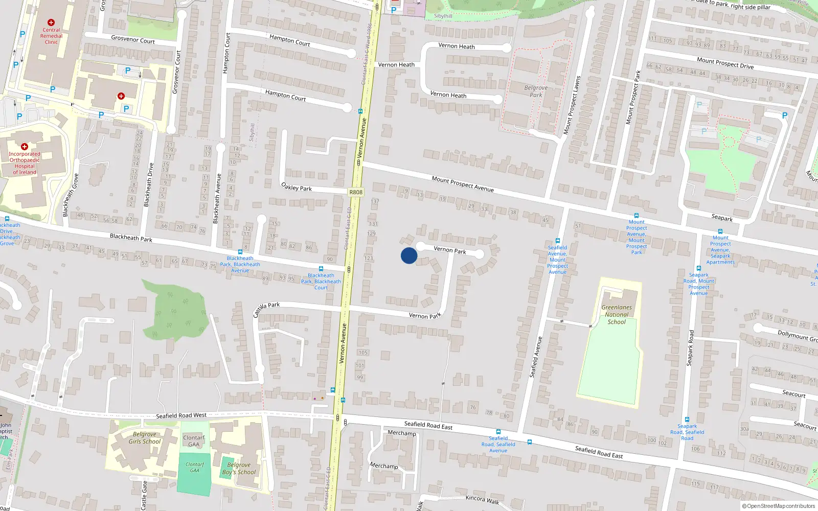 Overhead map showing the location of 17 Vernon Park, Clontarf, Dublin 3