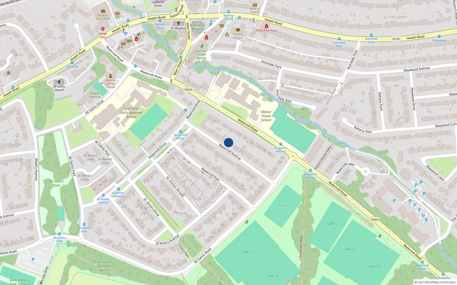 Overhead map showing the location of 17 Watermill Avenue, Raheny, Dublin 5