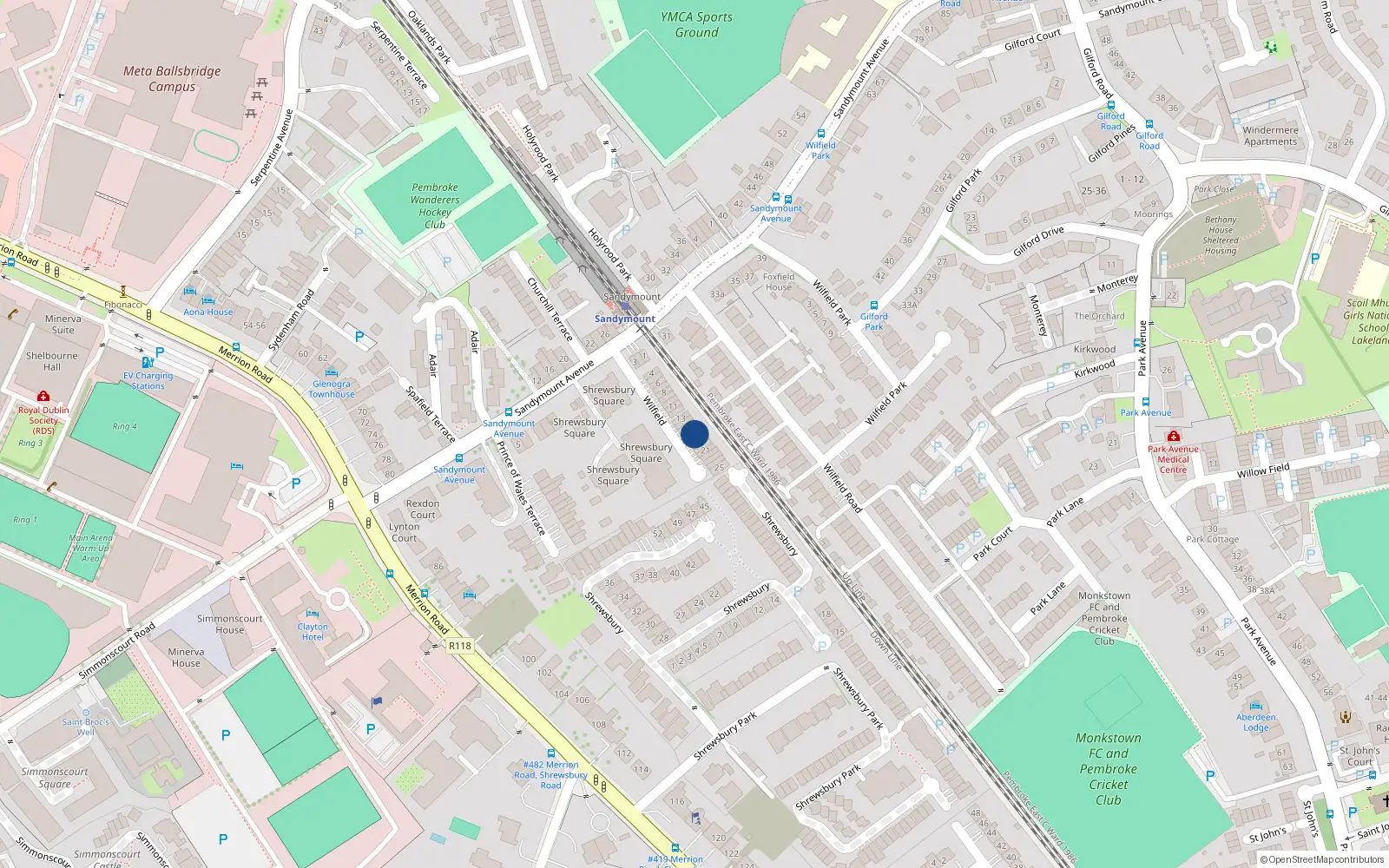 Overhead map showing the location of 17 Wilfield, Ballsbridge