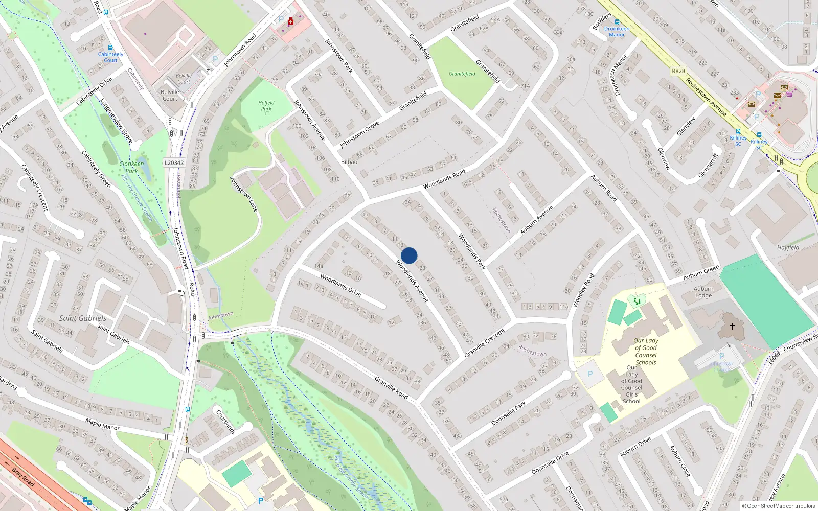 Overhead map showing the location of 17 Woodlands Avenue, Dun Laoghaire, Dublin