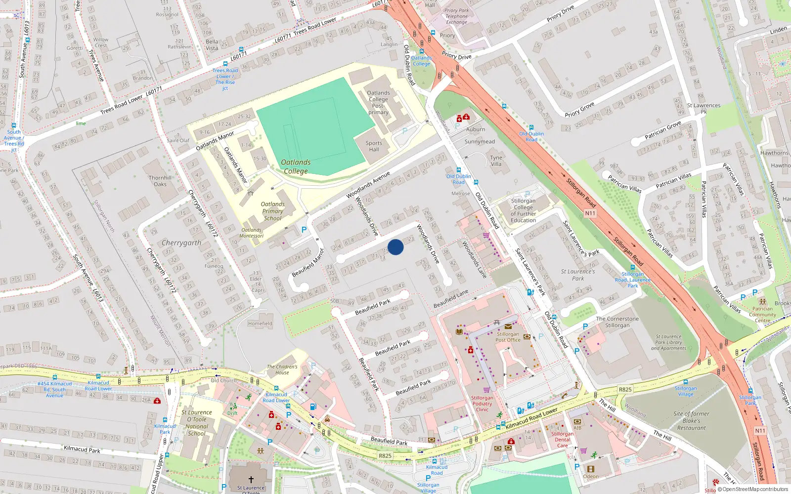 Overhead map showing the location of 17 Woodlands Drive, Blackrock