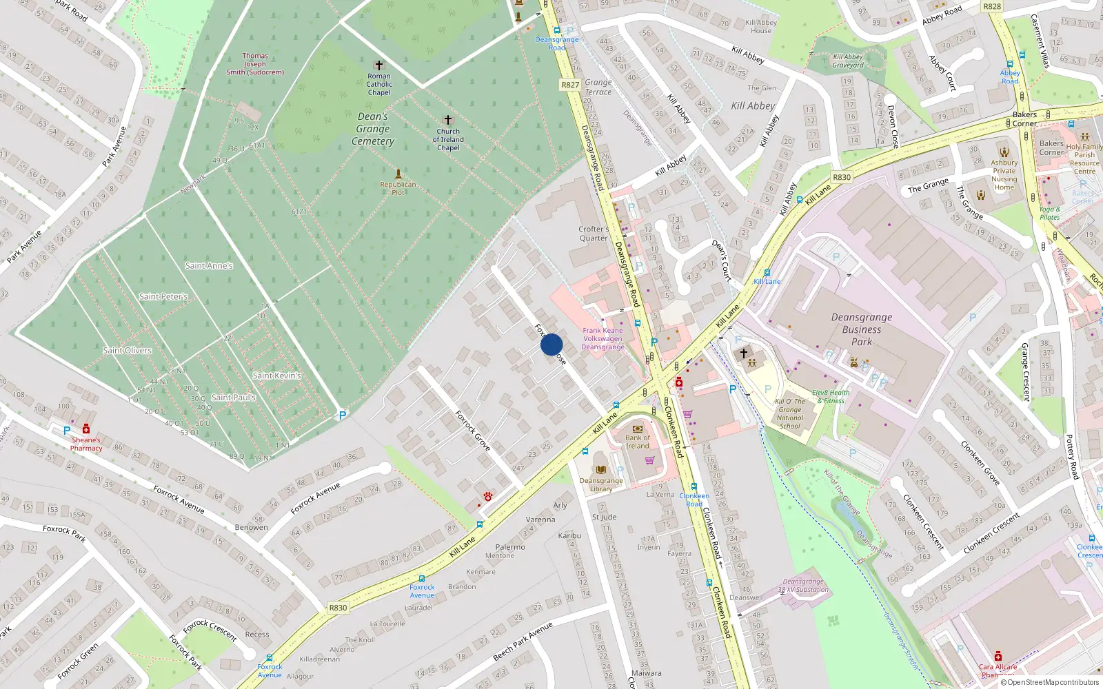 Overhead map showing the location of 170 Foxrock Close, Deansgrange