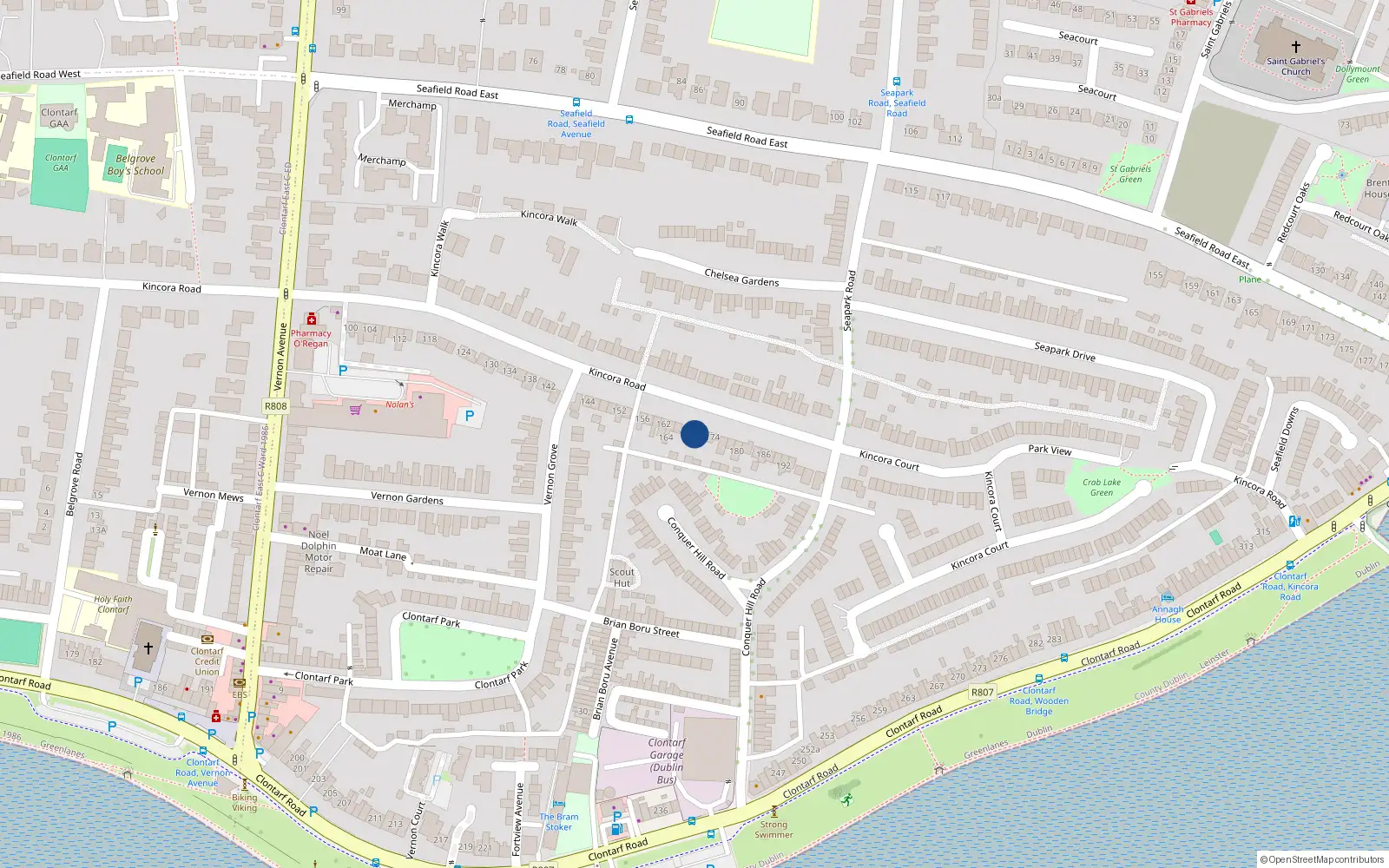 Overhead map showing the location of 170 Kincora Road, Clontarf, Dublin 3