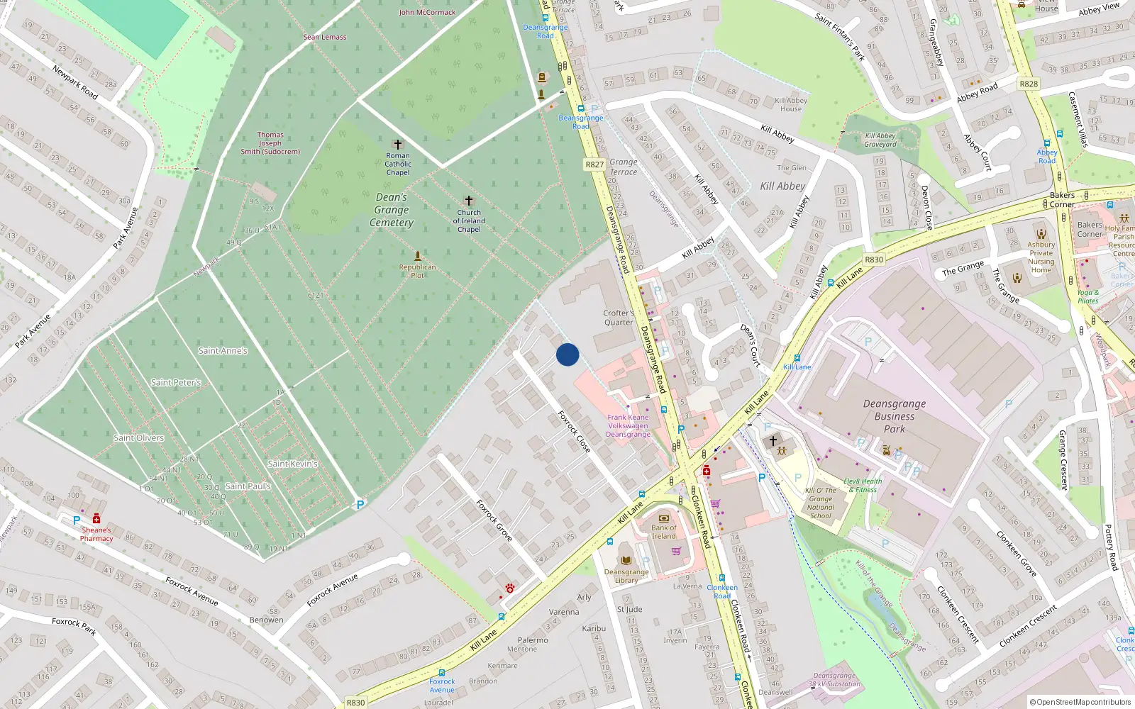 Overhead map showing the location of 171A Foxrock Close, Dublin 18