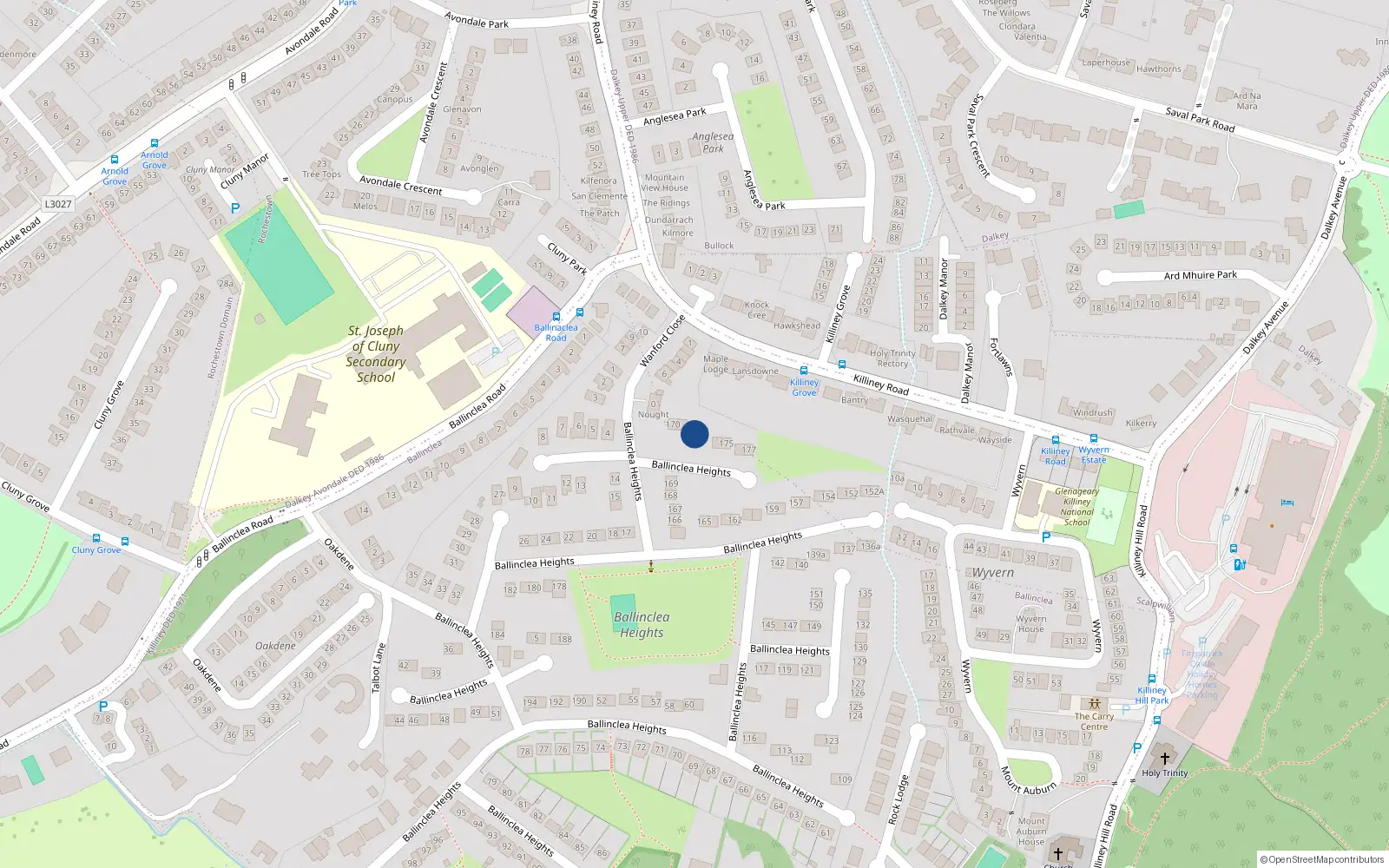 Overhead map showing the location of 172 Ballinclea Heights, Killiney