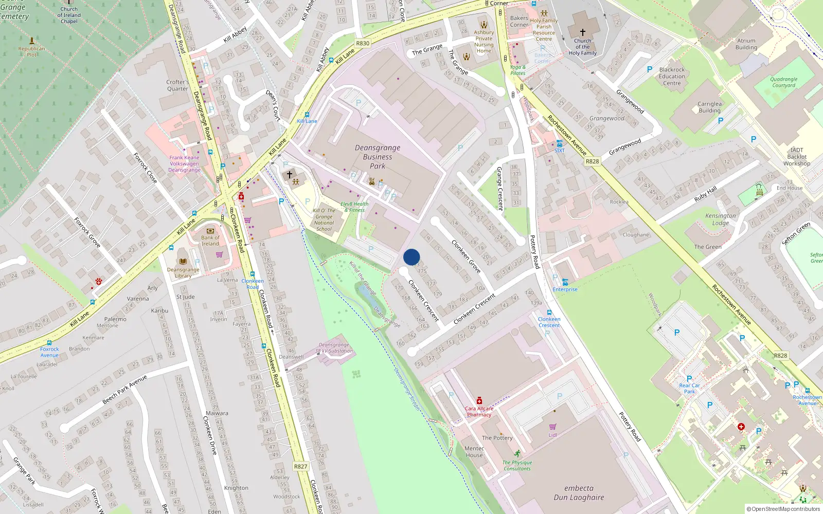 Overhead map showing the location of 172 Clonkeen Crescent, Dun Laoghaire