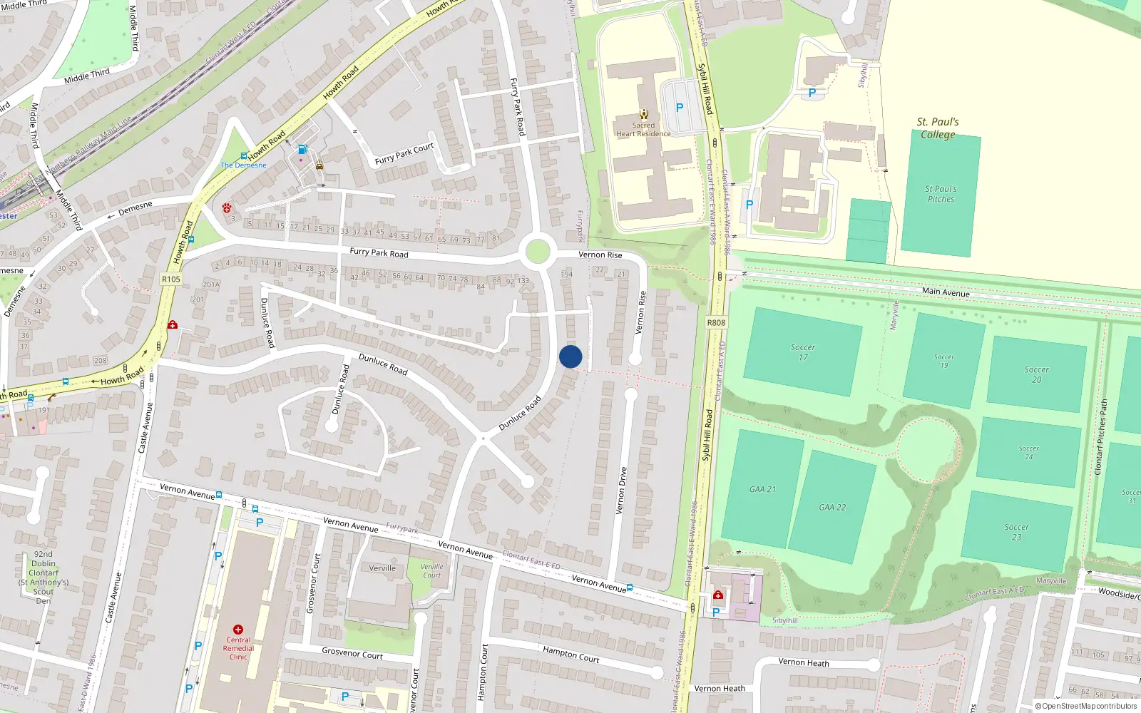 Overhead map showing the location of 172 Dunluce Road, Clontarf, Dublin 3
