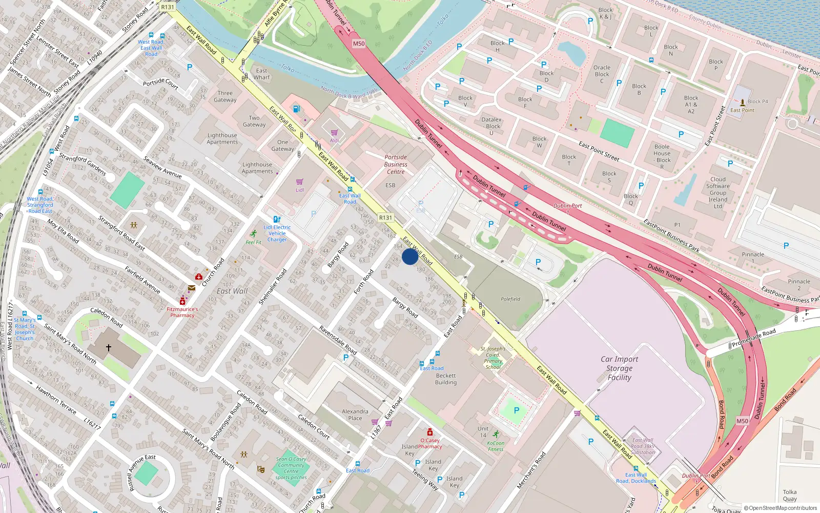 Overhead map showing the location of 172 East Wall Road, Dublin 3, Dublin