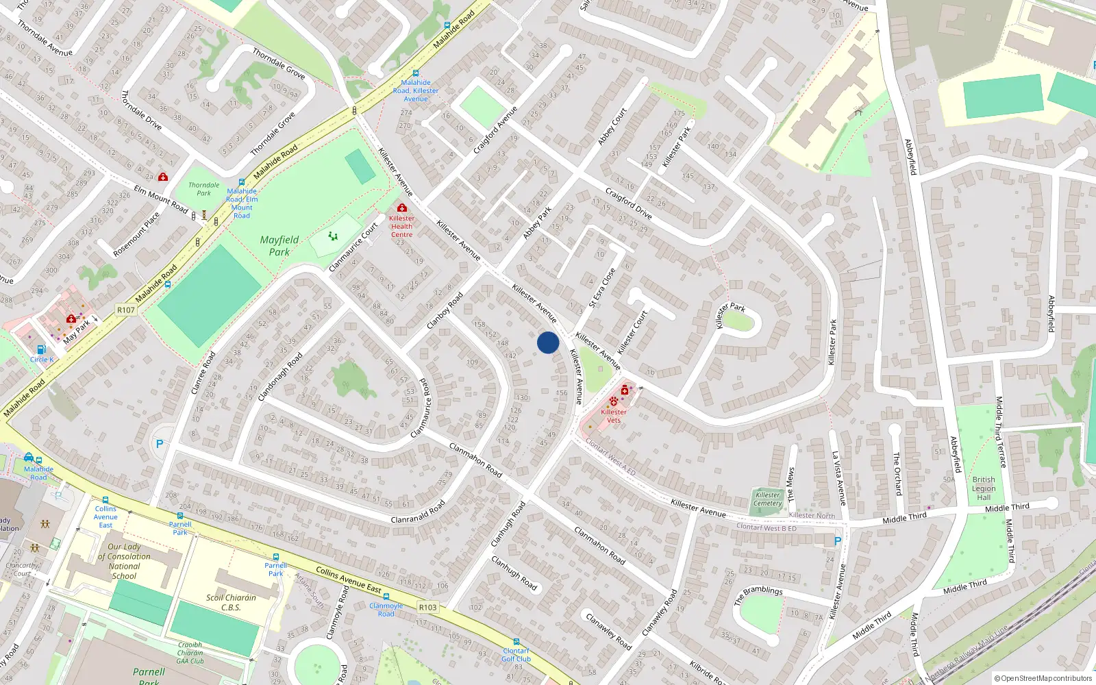 Overhead map showing the location of 172 Killester Avenue, Donnycarney, Dublin 5
