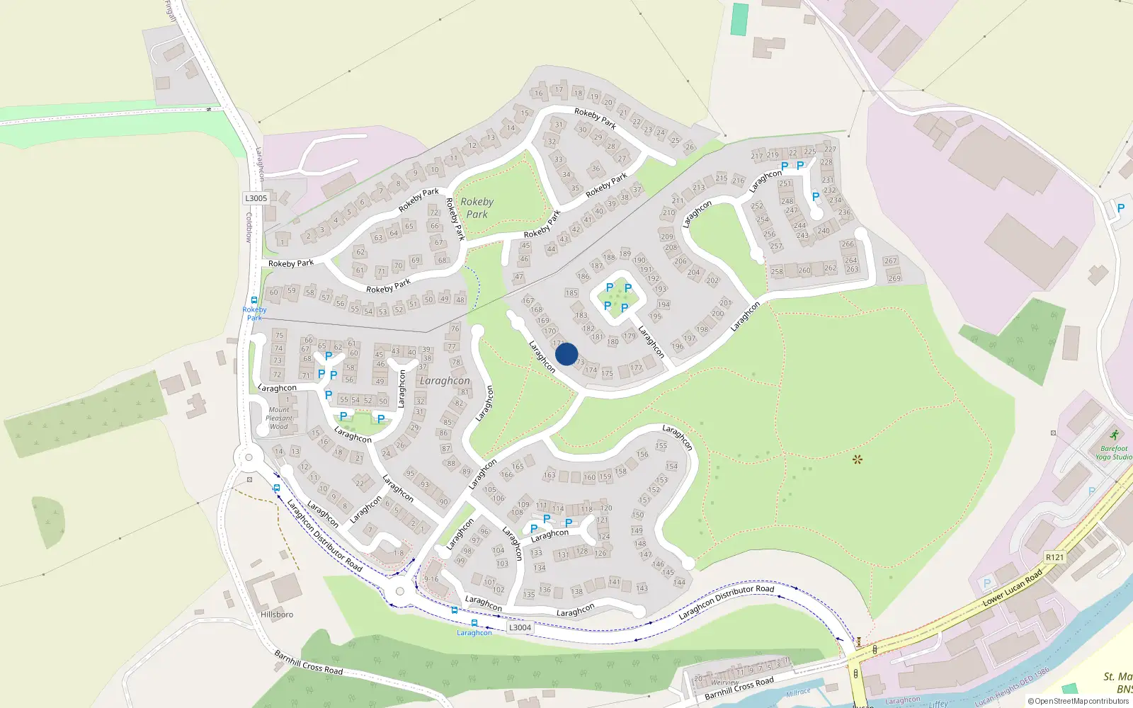 Overhead map showing the location of 172 Laraghcon, Lucan Village, Dublin