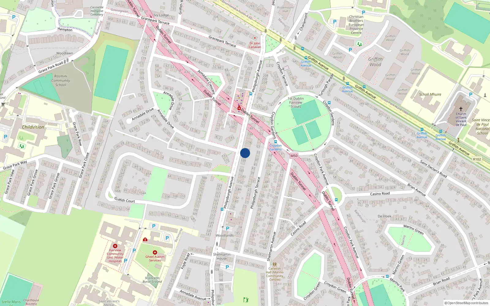 Overhead map showing the location of 172 Philipsburgh Avenue, Marino, Dublin 3