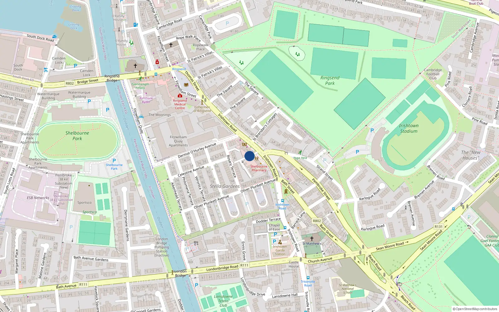 Overhead map showing the location of 172 Stella Gardens Lane, Irishtown