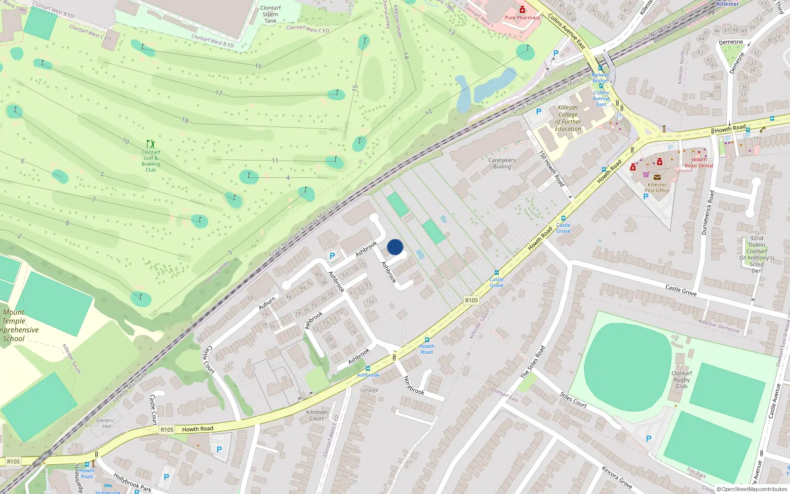 Overhead map showing the location of 173 Ashbrook, Dublin 3