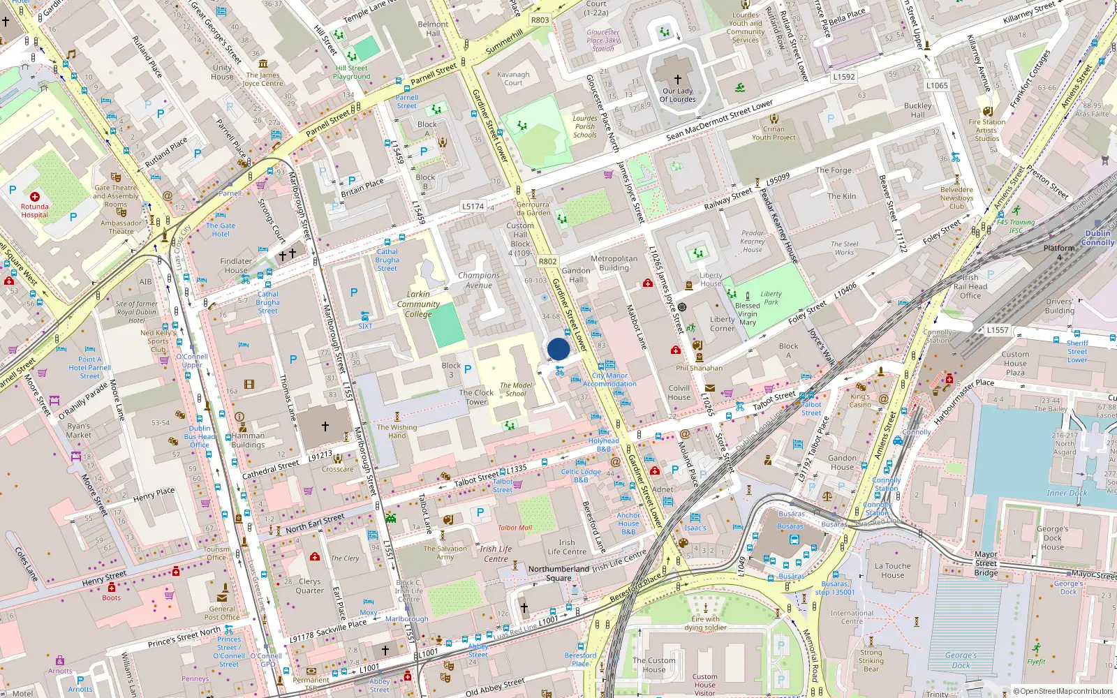 Overhead map showing the location of 173 Custom Hall, Gardiner Street Lower, Dublin 1