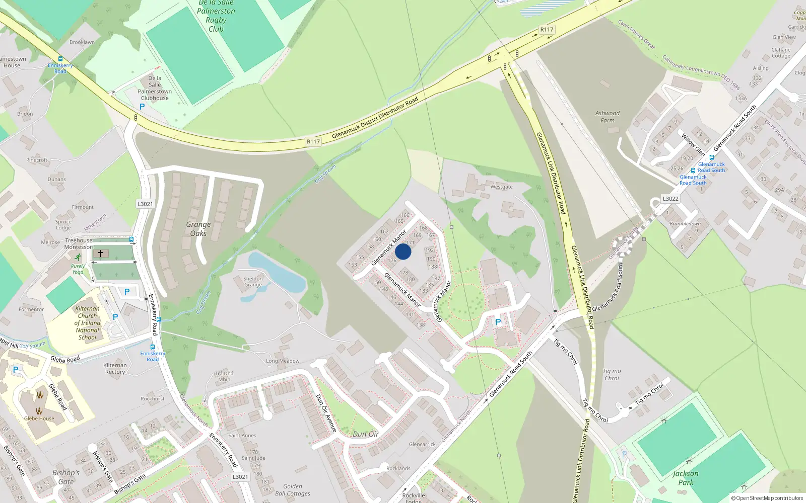 Overhead map showing the location of 173 Glenamuck Manor, Dublin 18