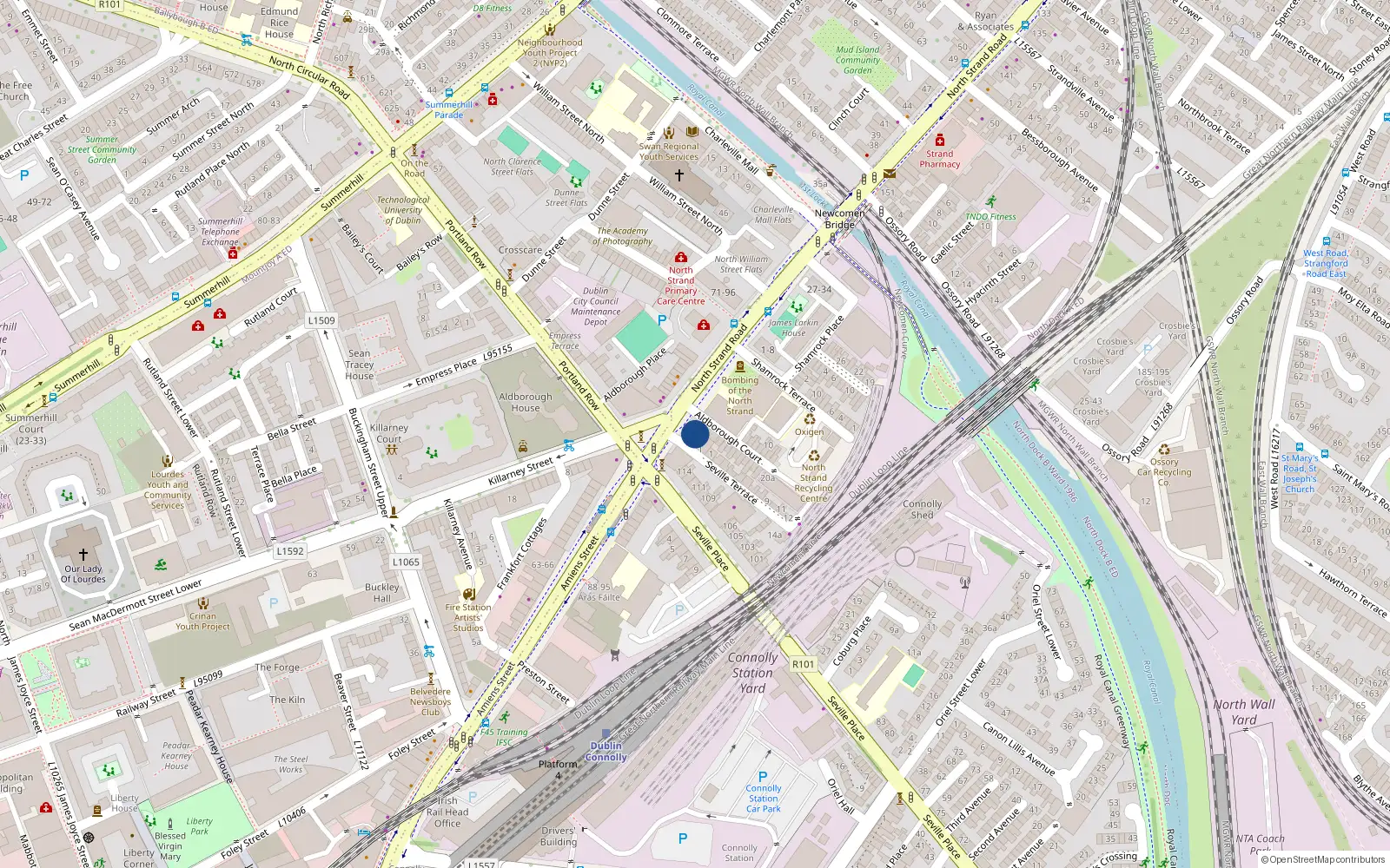 Overhead map showing the location of 173 North Strand Road, The Five Lamps, Dublin 1
