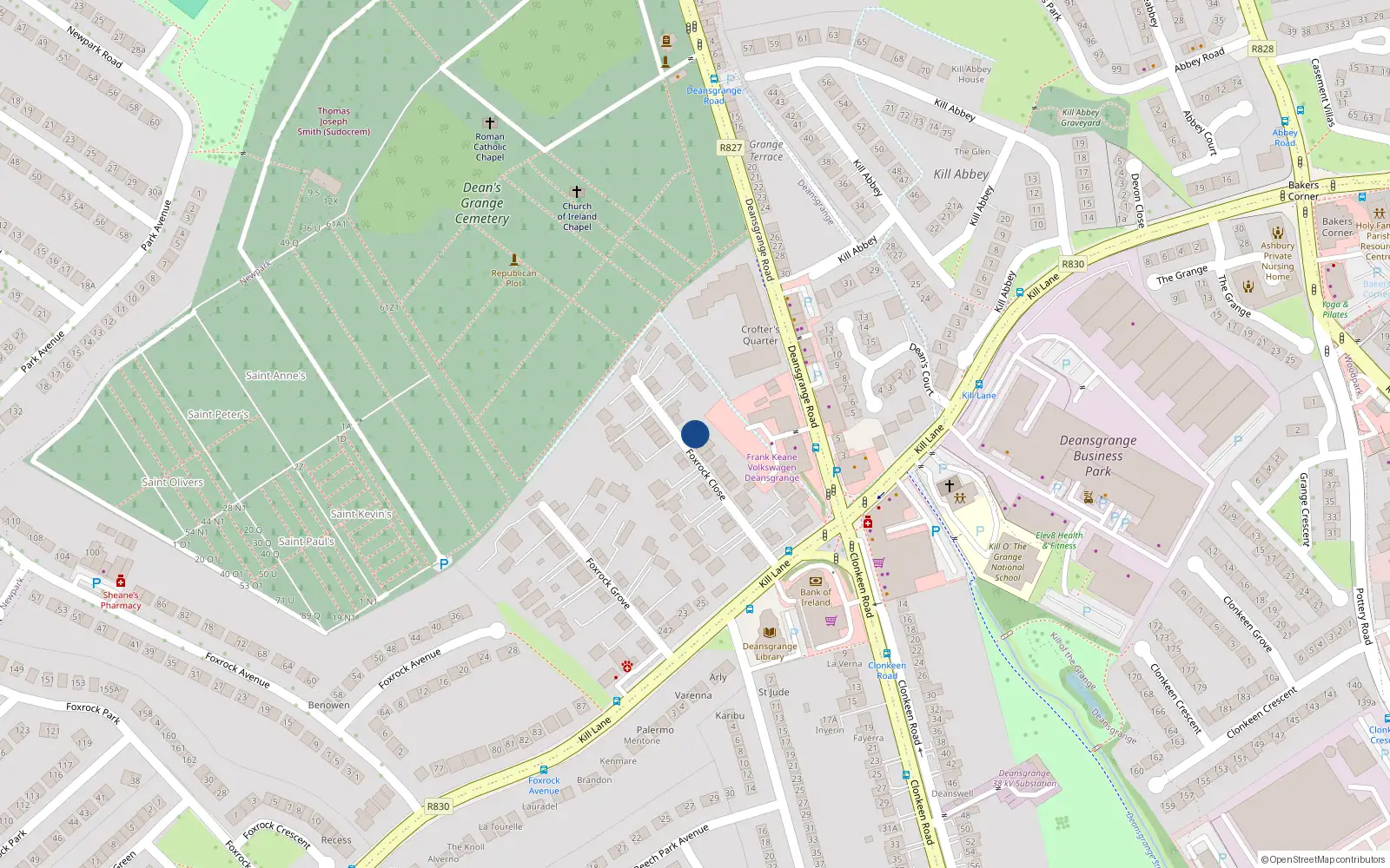 Overhead map showing the location of 173A Foxrock Close, Dublin 18