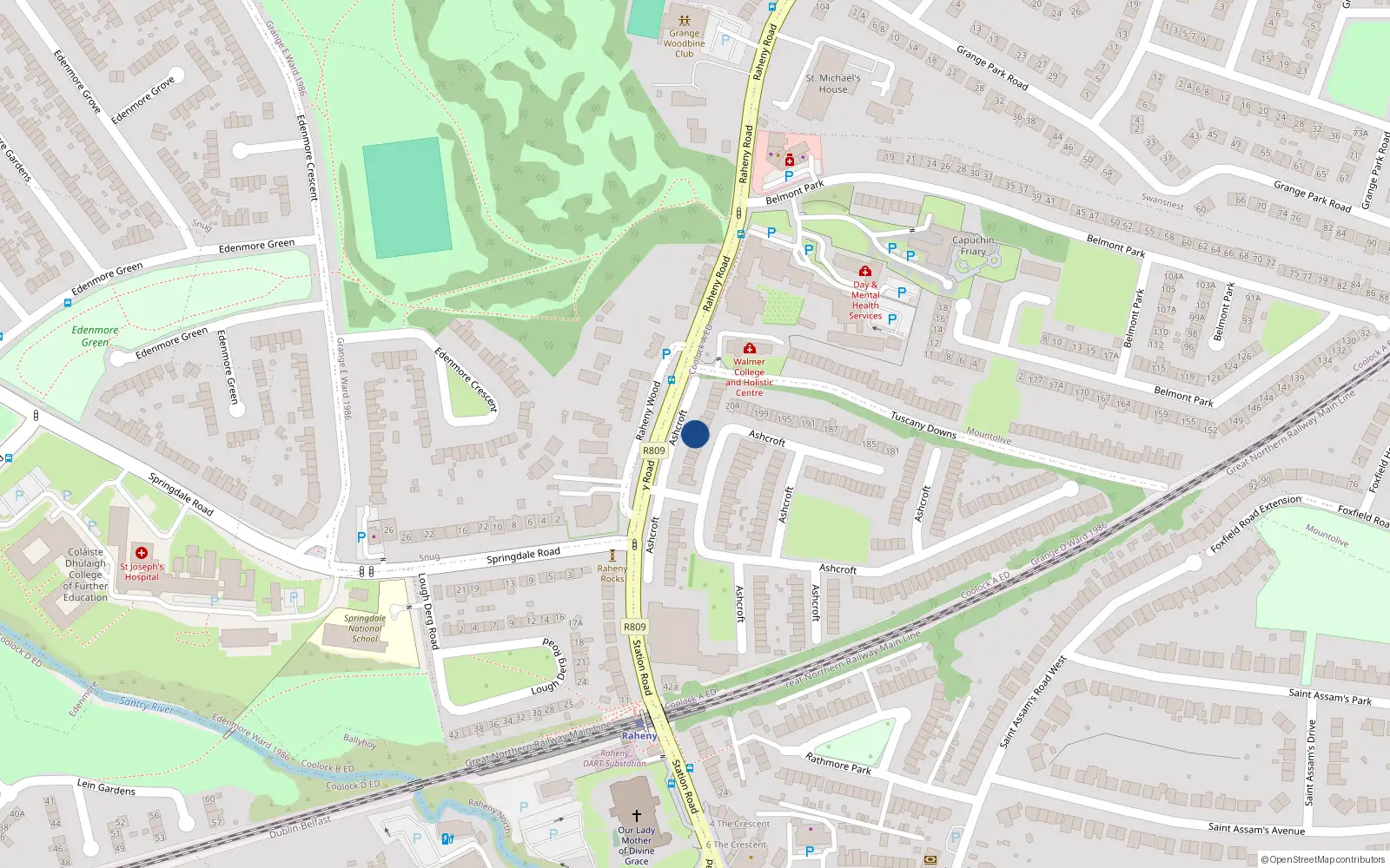 Overhead map showing the location of 174 Ashcroft, Station Road, Raheny