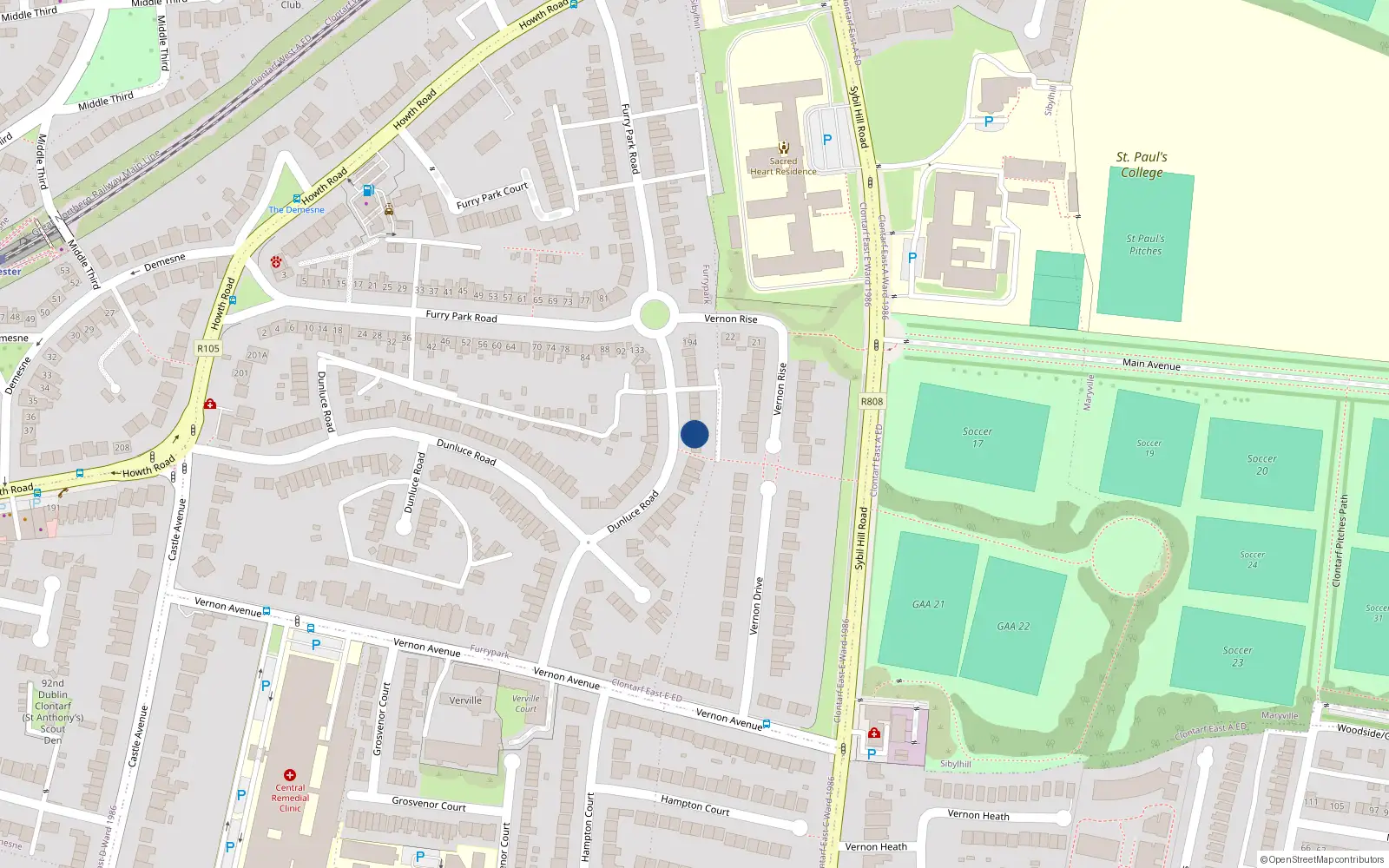 Overhead map showing the location of 174 Dunluce Road, Dublin 3