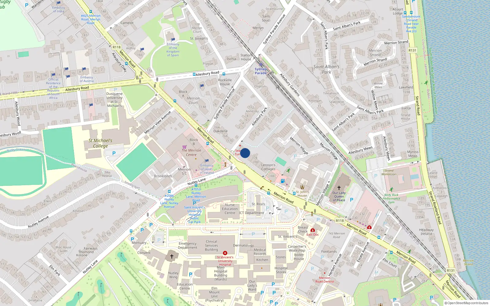 Overhead map showing the location of 174 Merrion Road, Merrion