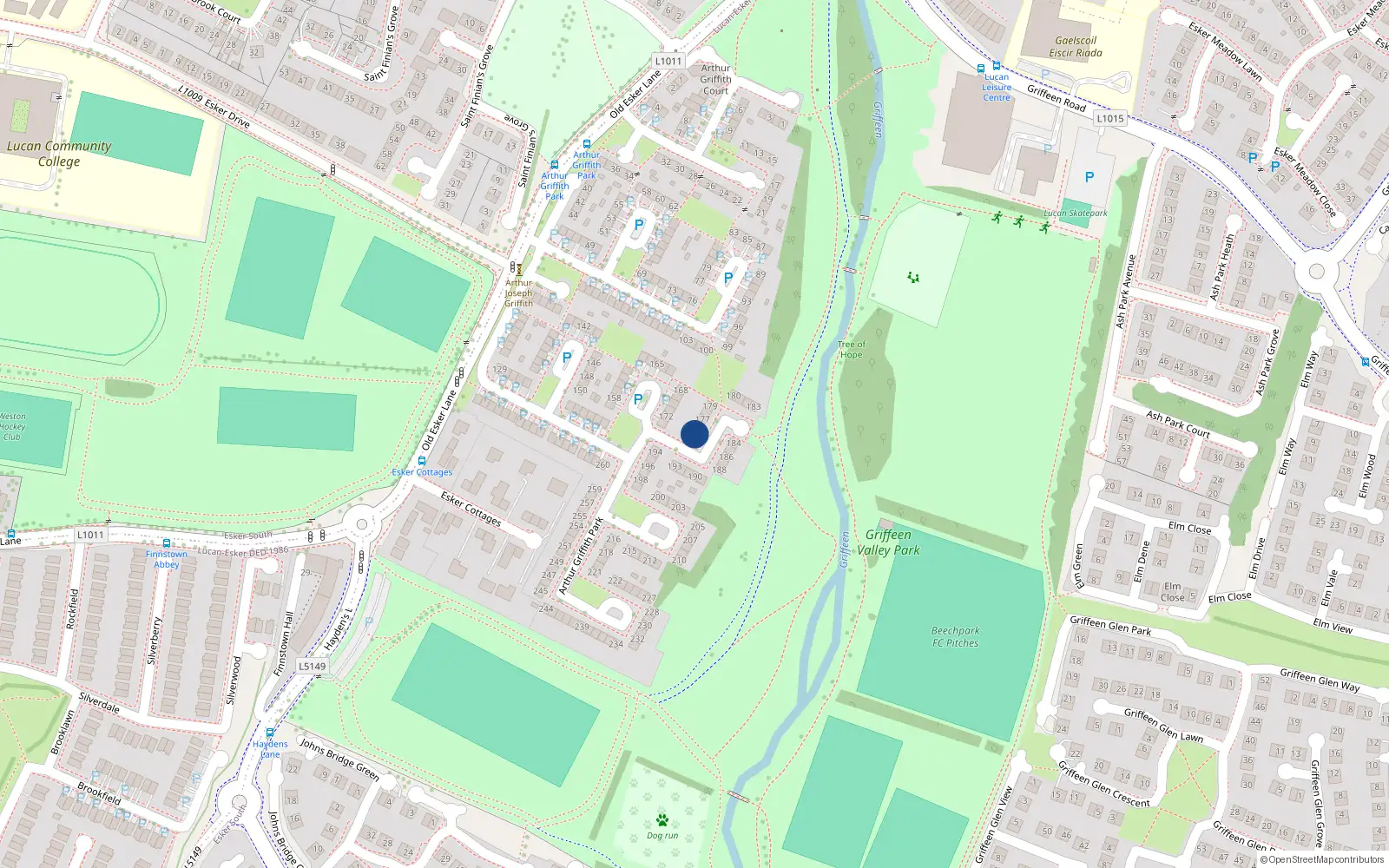 Overhead map showing the location of 175 Arthur Griffith Park, Lucan, Dublin