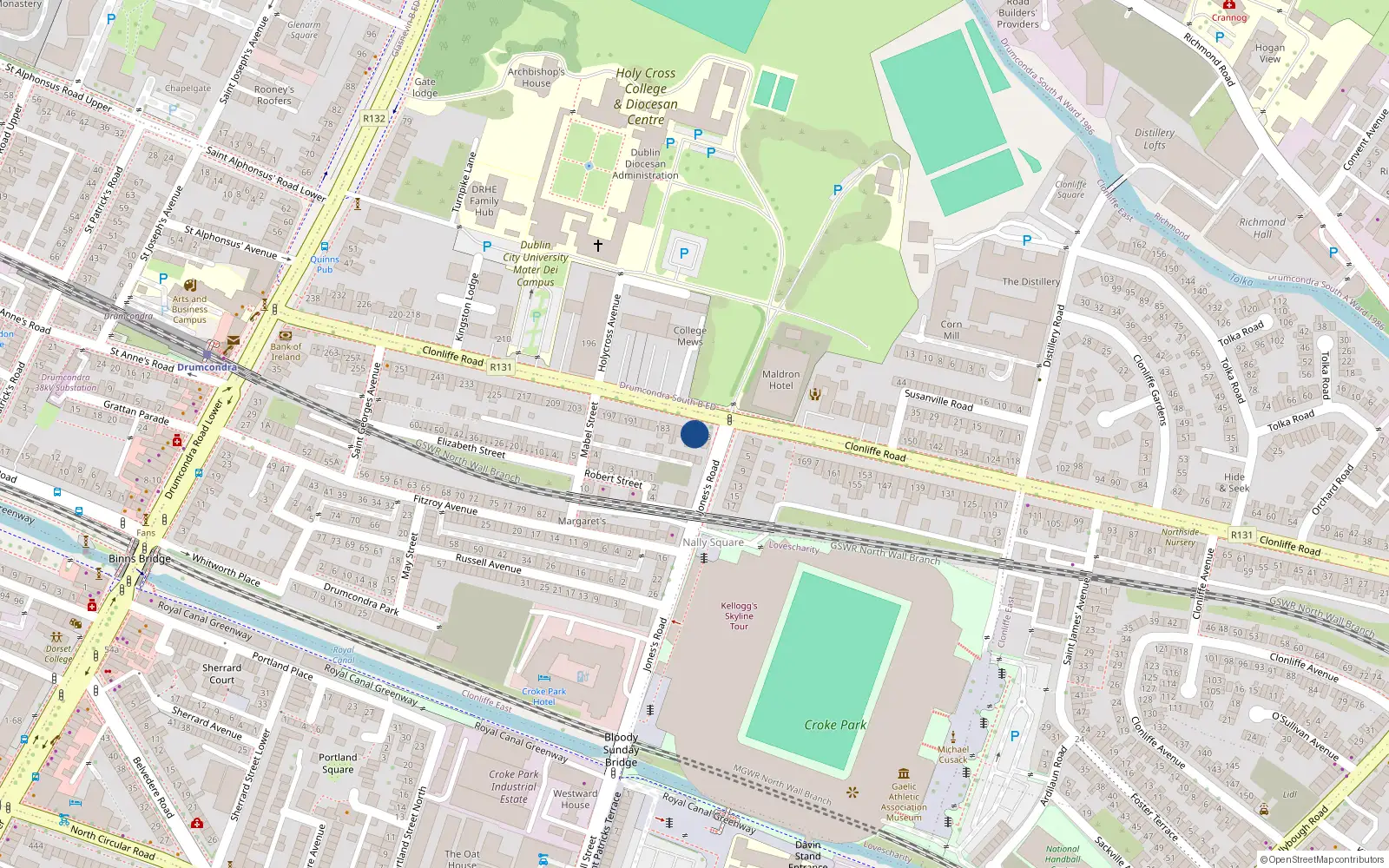 Overhead map showing the location of 175 Clonliffe Road, Drumcondra, Dublin 9