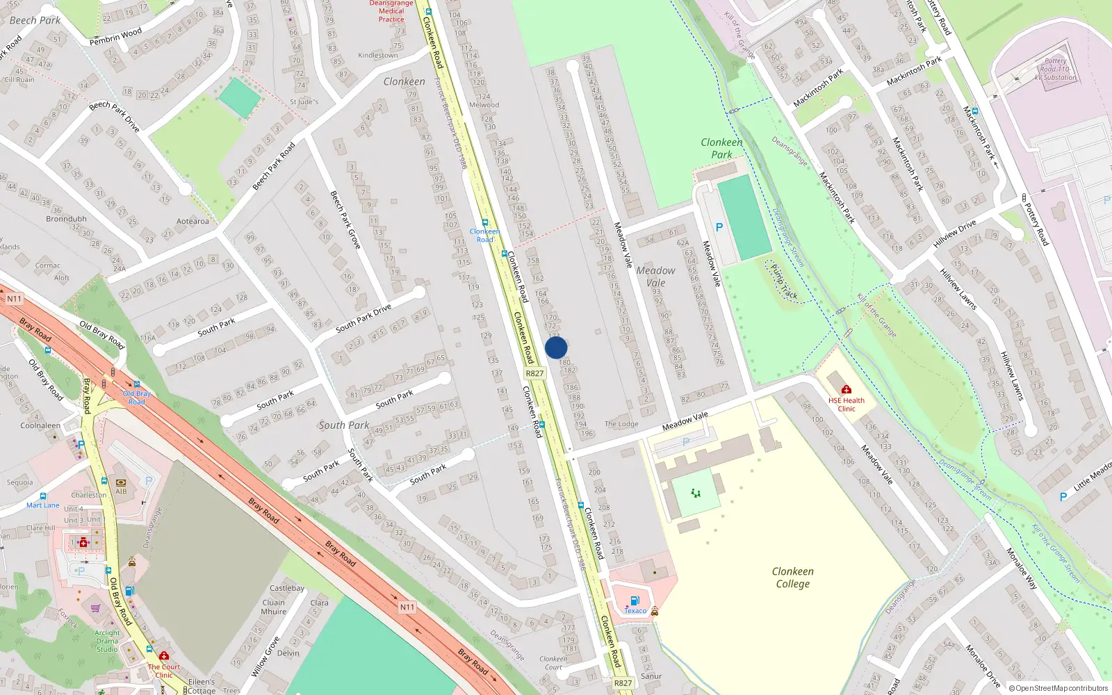 Overhead map showing the location of 176 Clonkeen Road, Blackrock