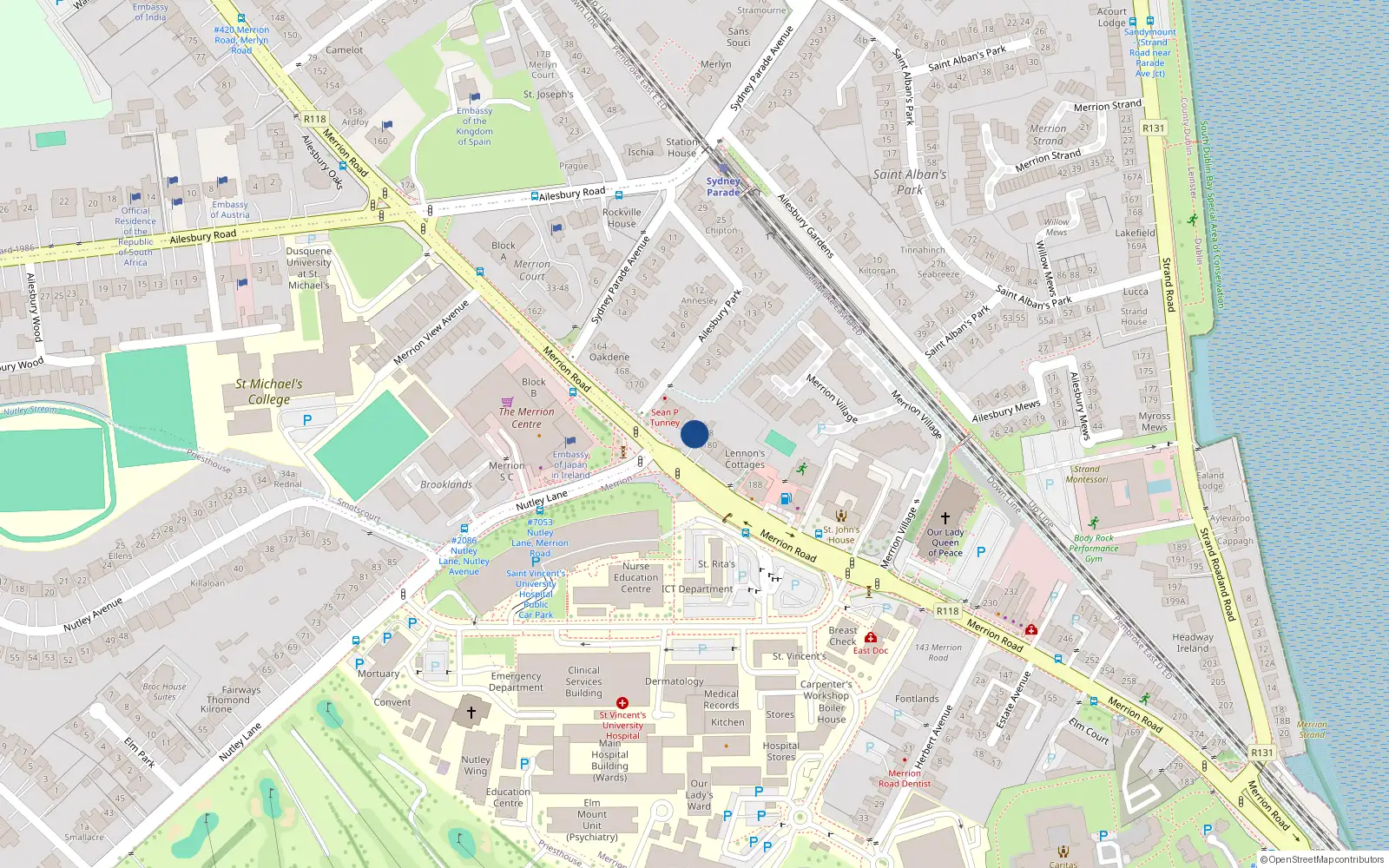 Overhead map showing the location of 176 Merrion Road, Merrion