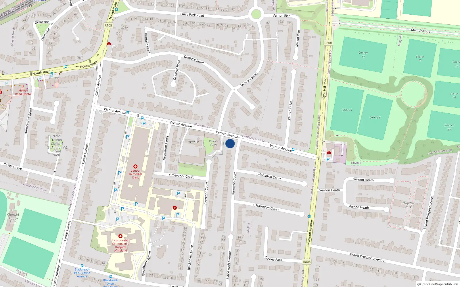 Overhead map showing the location of 176 Vernon Avenue, Clontarf, Dublin 3