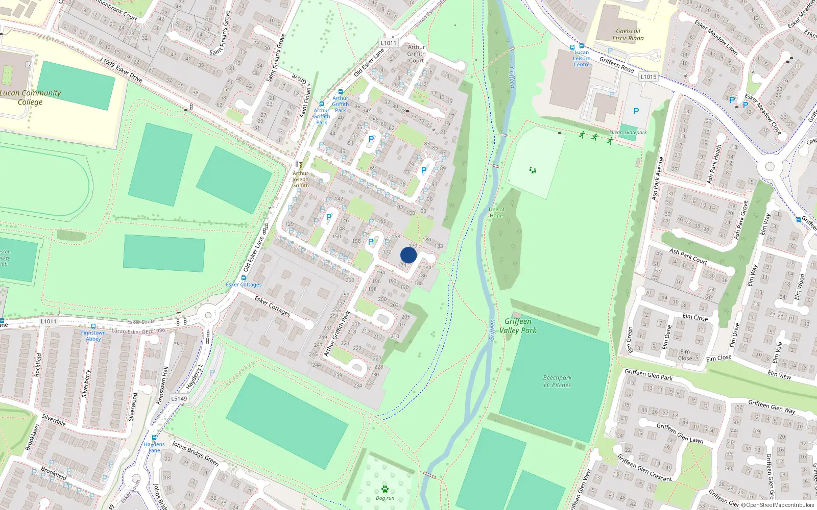 Overhead map showing the location of 177 Arthur Griffith Park, Lucan, Dublin