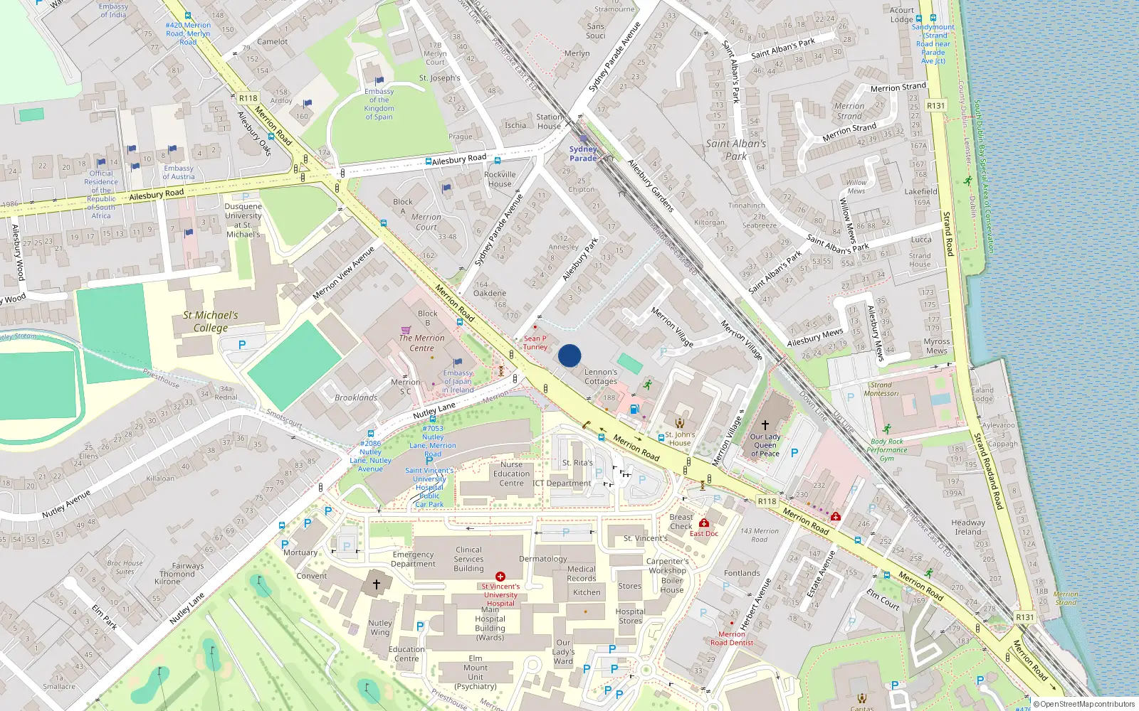 Overhead map showing the location of 178 Merrion Road, Merrion