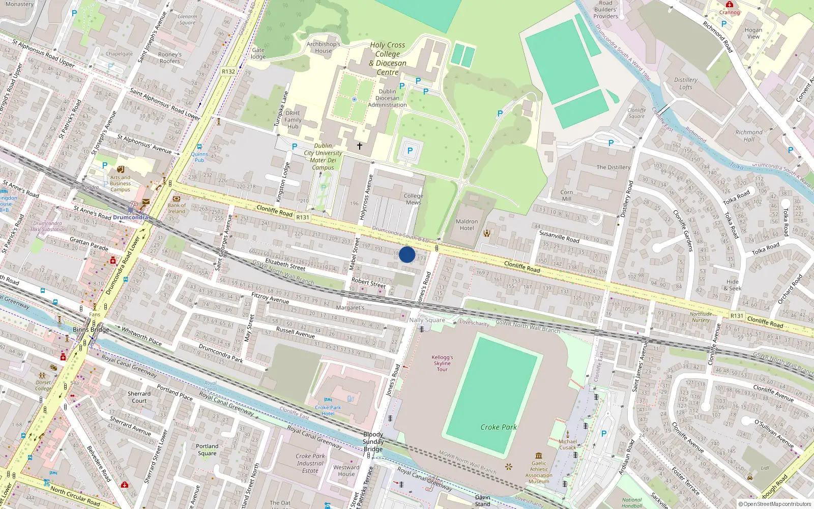 Overhead map showing the location of 179 Clonliffe Road, Drumcondra, Dublin 3