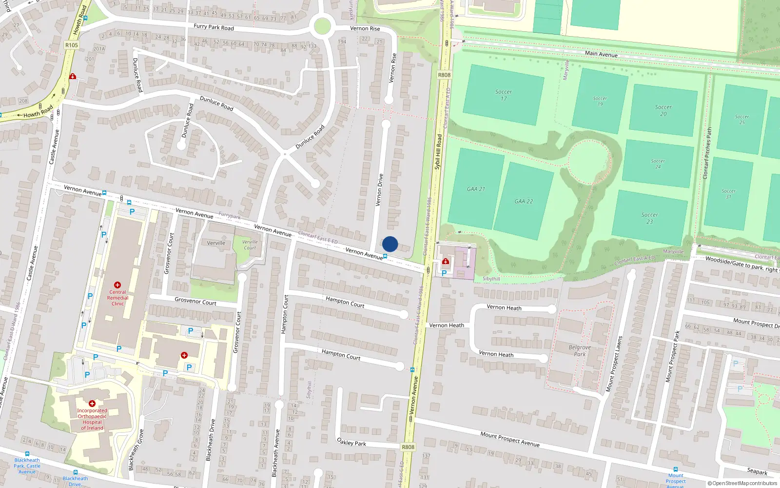 Overhead map showing the location of 179 Vernon Avenue, Dublin 3