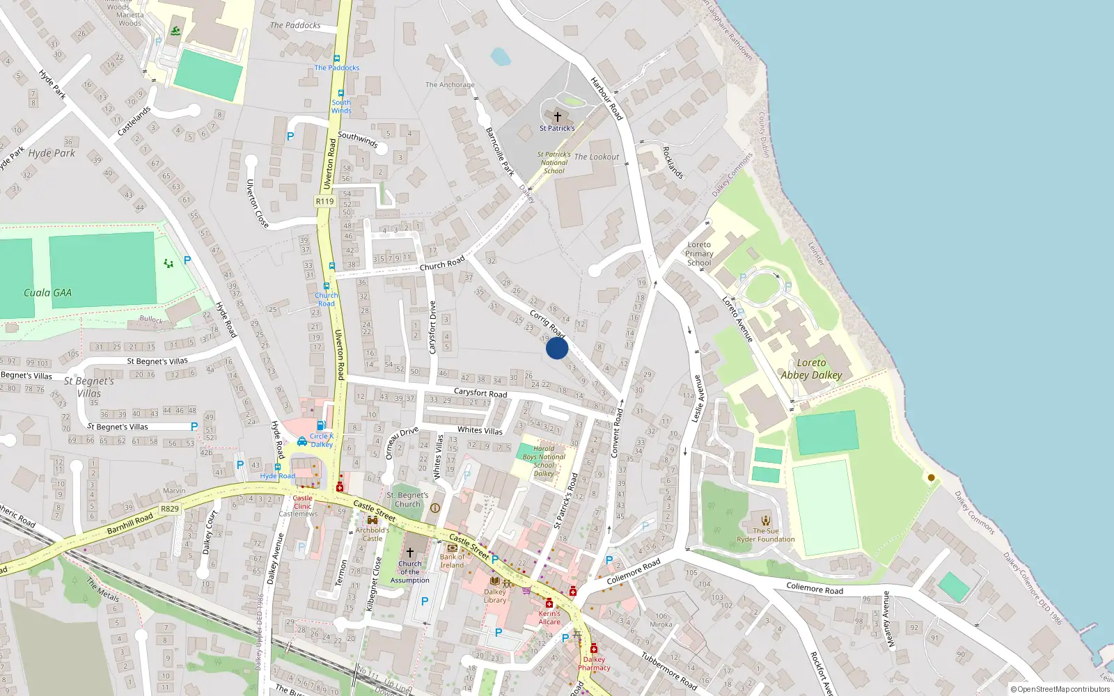 Overhead map showing the location of 17A Corrig Road, Dalkey